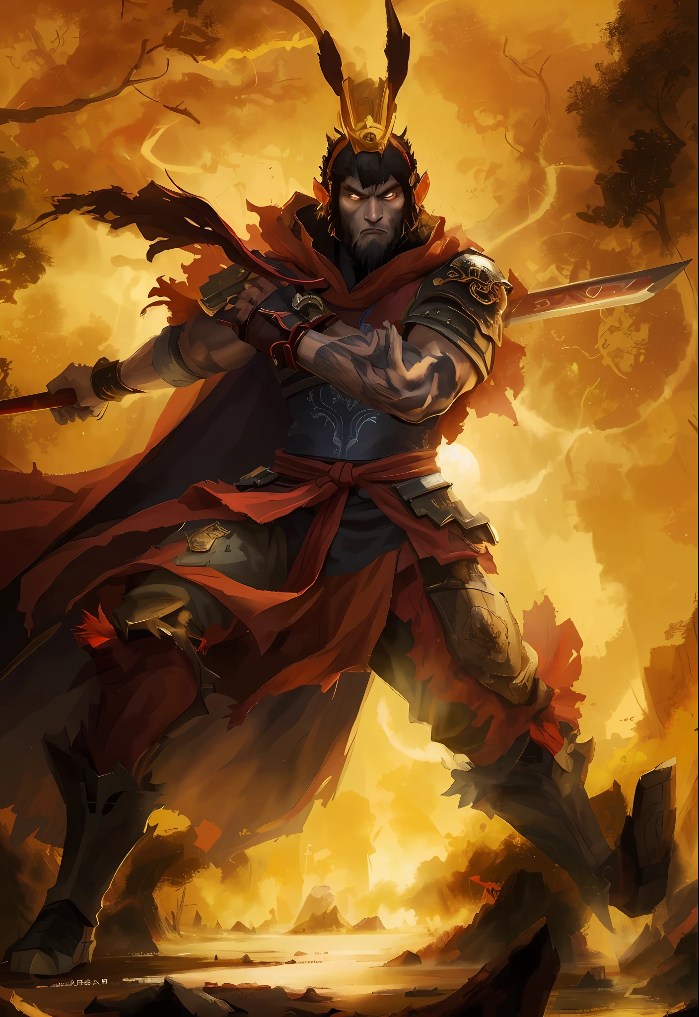 拟人化,一只猴子,拿着棍子,神话小说,游戏人物,arafed image of a man in armor with a sword and a fire, sun wukong, guan yu, bian lian, demon samurai warrior, wukong, inspired by Hu Zaobin, by Arthur Pan, epic exquisite character art, amazing d & d dark sun art, by Yang J, epic fantasy character art, d&d dark sun character art