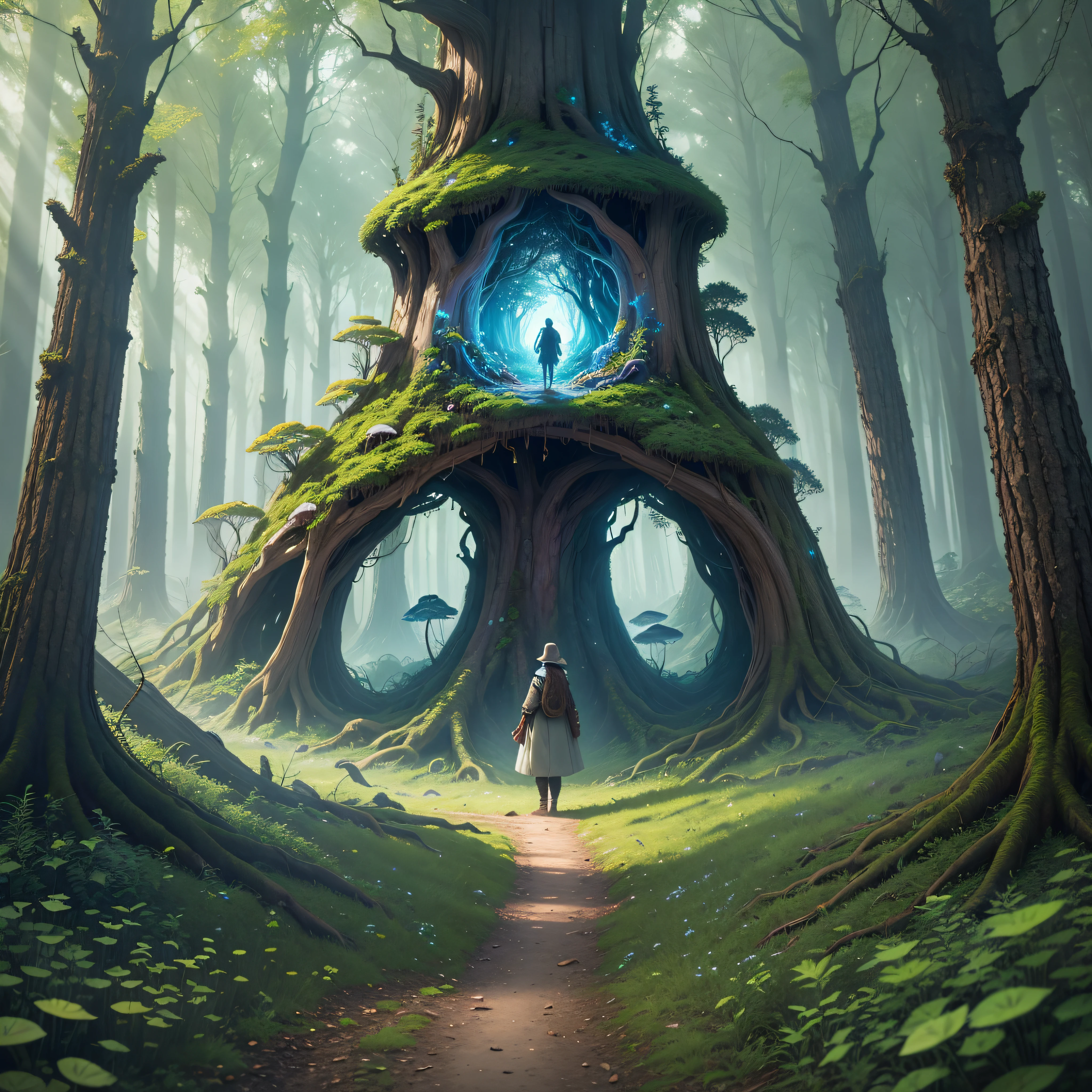 "Lost Forest": A dense, enchanted forest filled with ancient trees, glowing mushrooms, and mysterious creatures that lead wanderers into unexpected adventures, Surrealism, color field printing, high detail, UHD, 8k, anatomically correct, cinematic lighting 4d quality --auto --s2