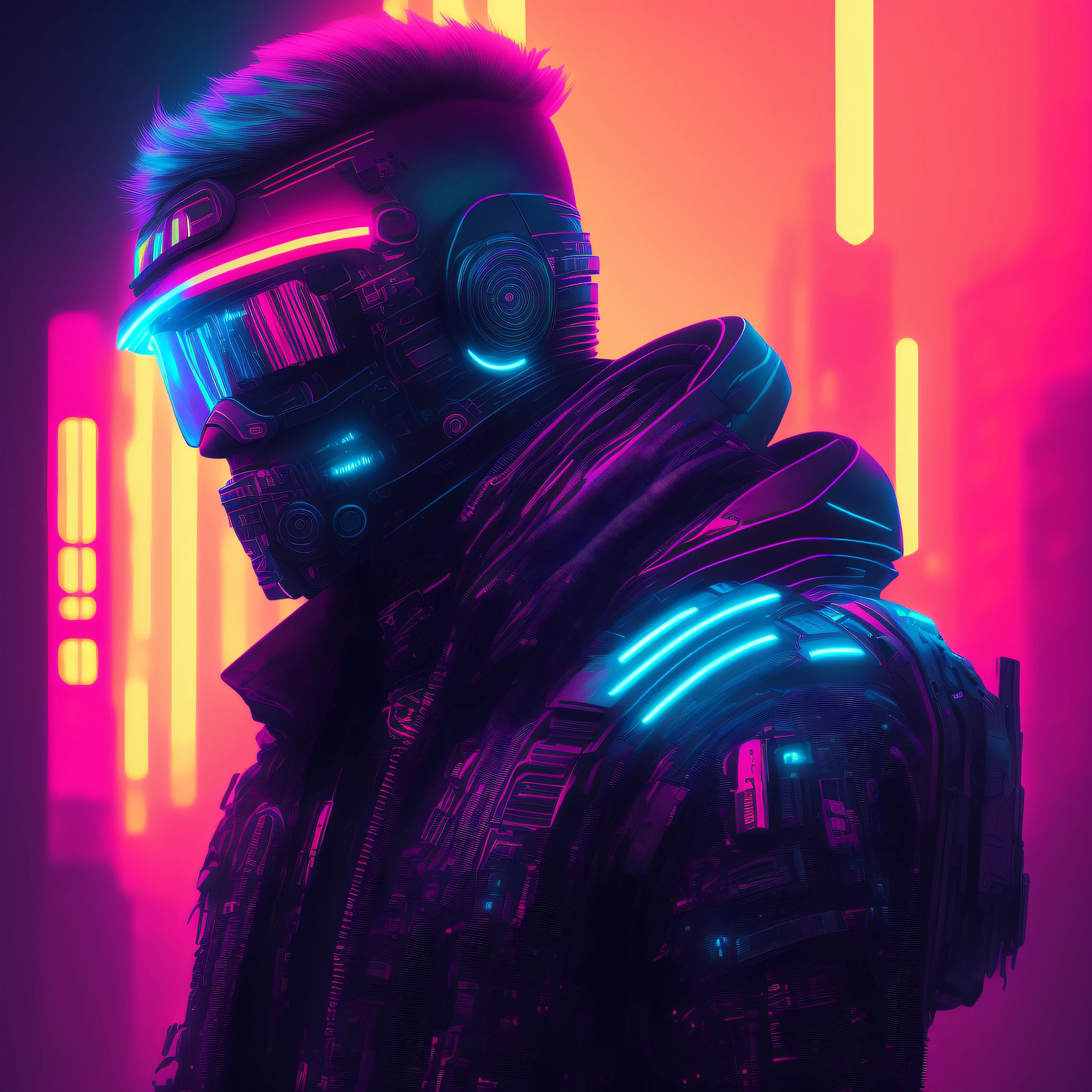 Man, cyberpunk style portrait, futuristic (neon: 1.1) reflective wear, science fiction. artgern, art, illustration, ((dark environment)), ((vegnette)), ((HDR)) ((minimal palette colors)), soft tones, soft colors, faint colors, calm, highly detailed pastel colors, intricate details