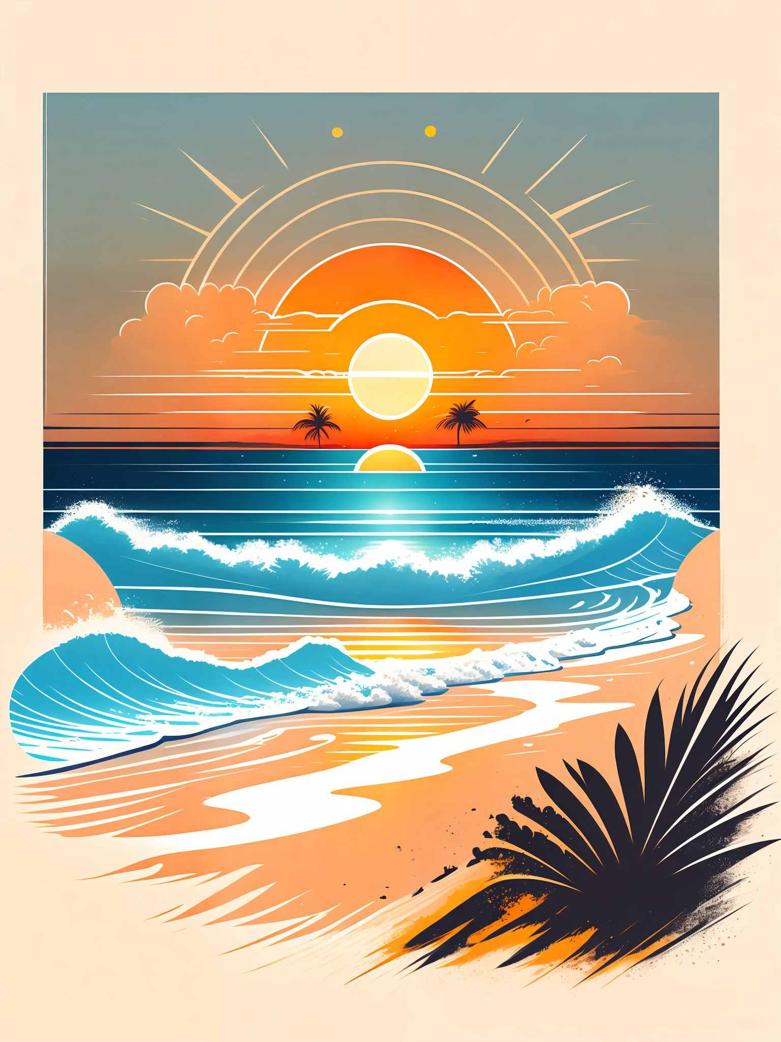 Sunset on the beach, white sand, epic composition, t-shirt design, rzminjourney, vector art