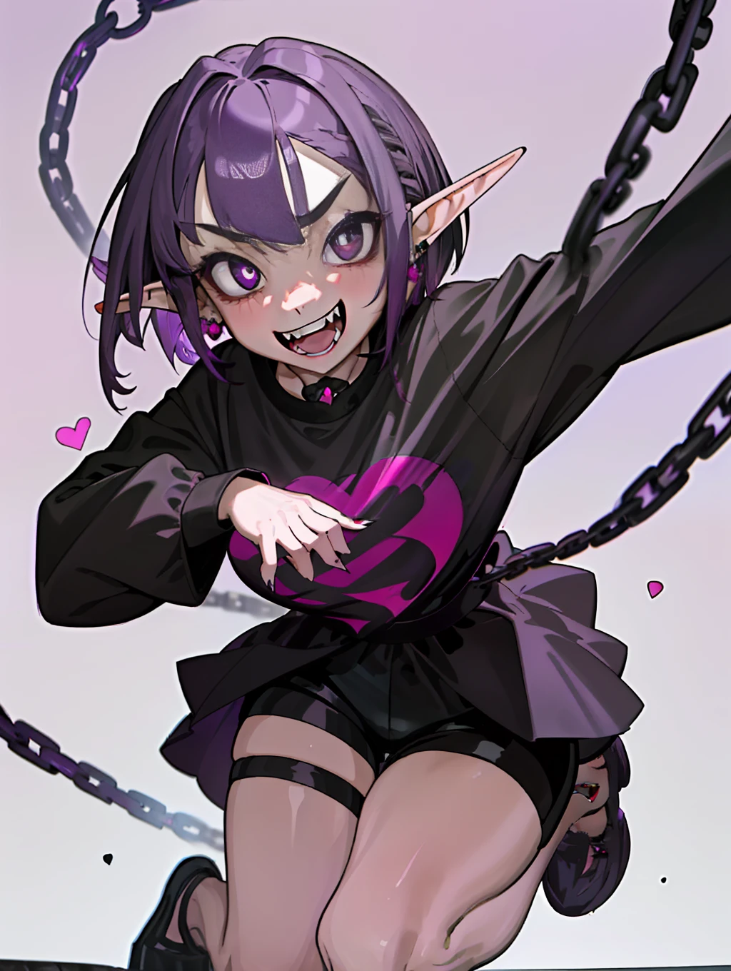 ((masterpiece,best quality)),1girl, ****, solo,elf ears, heart shaped earrings, heart shaped pupils, short hair, ((purple hair)), a pink streak on the bangs, ((a gap between the teeth)), Long black t shirt, long sleeves, 
shorts with chain, full body,((fangs))