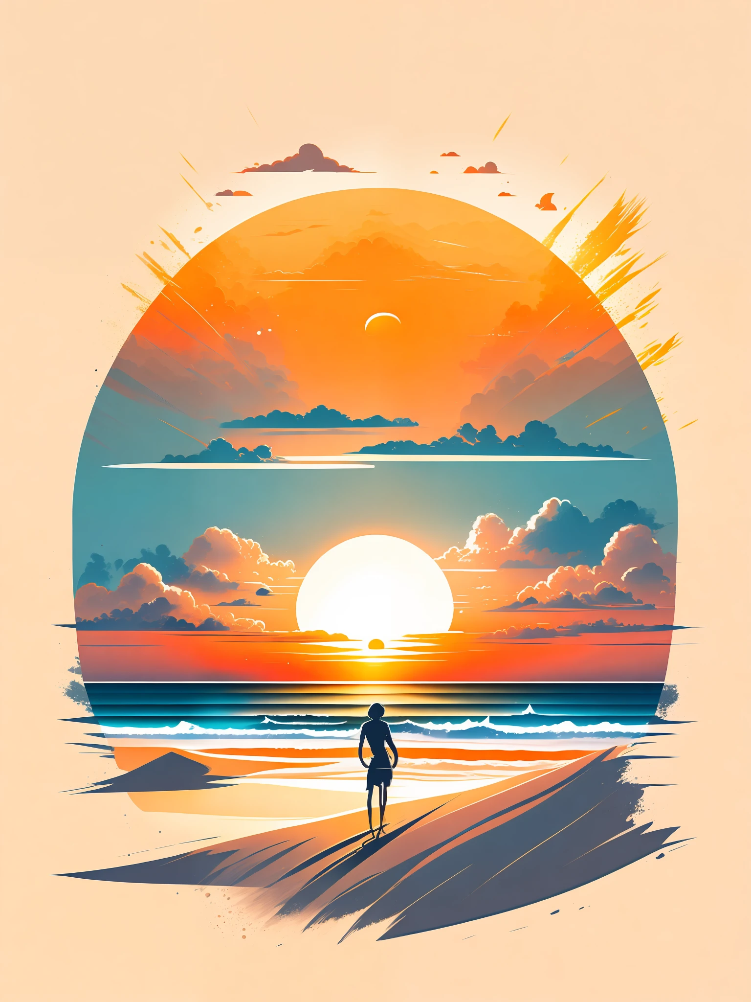 Sunset on the beach, white sand, epic composition, t-shirt design, rzminjourney, vector art