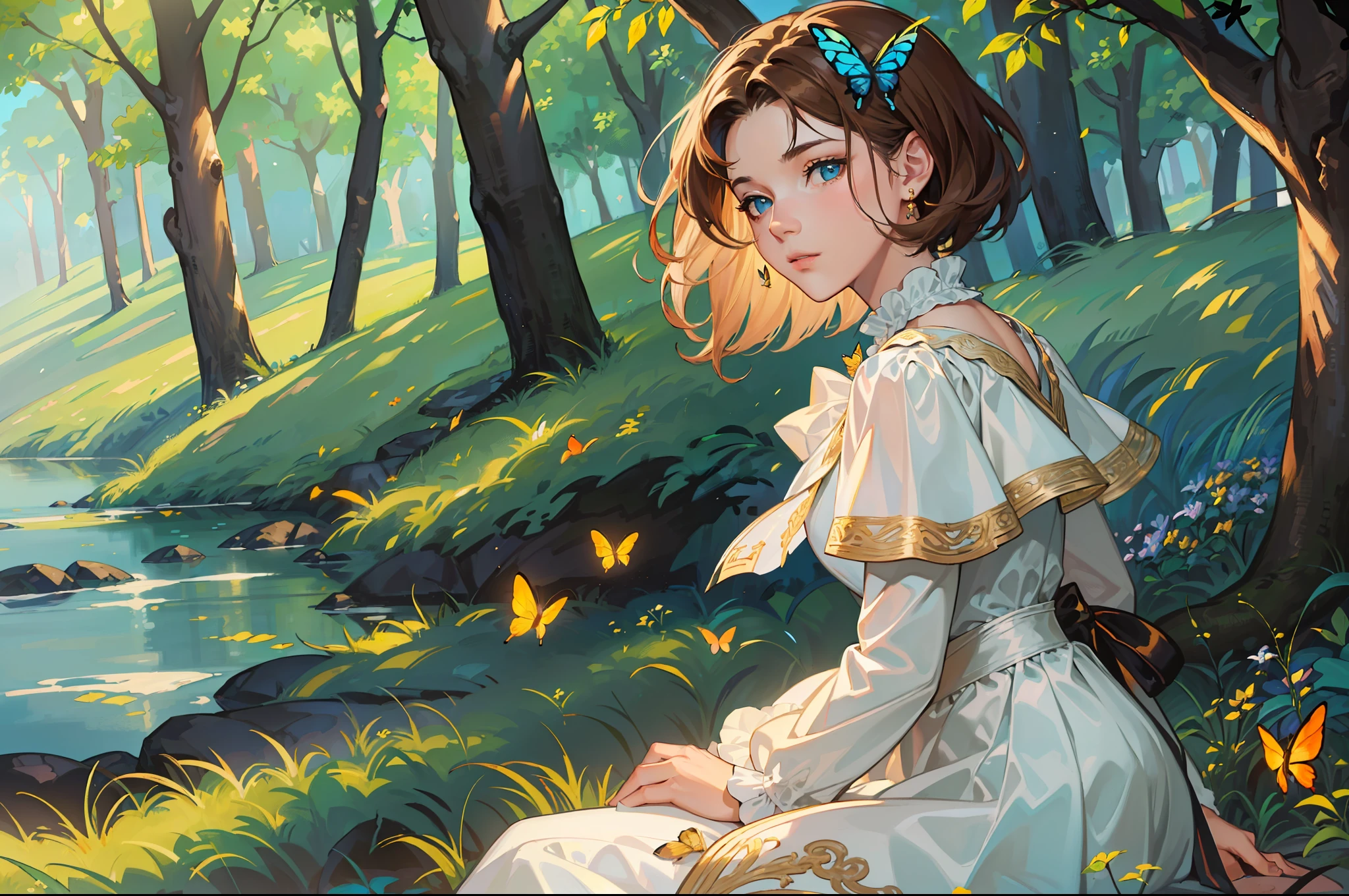 ((Superior quality, portraits, masterpieces, 8K wallpapers: 1.3)), girl with short wavy brown hair (((SHORT HAIR))), blue eyes like diamonds, sitting under a tree, butterflies surrounding her, golden hour, perfect shadows and scolding through the trees. Covered dress, light blue Victorian with ruffles and jewelry.