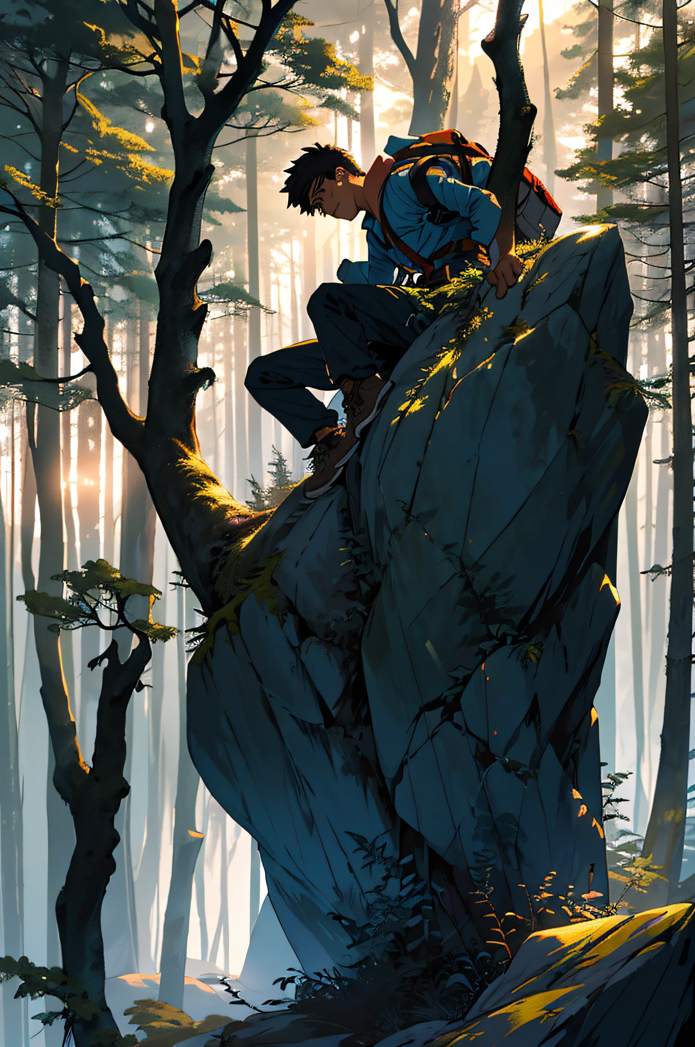 Draw a young climber climbing on a rock in the middle of the Amanonic forest. He's carrying climbing gear on his back. The dramatic lighting of the sunset illuminates the scene, casting deep shadows on the costume. The young man looks confident and determined, looking at the top with admiration and respect
