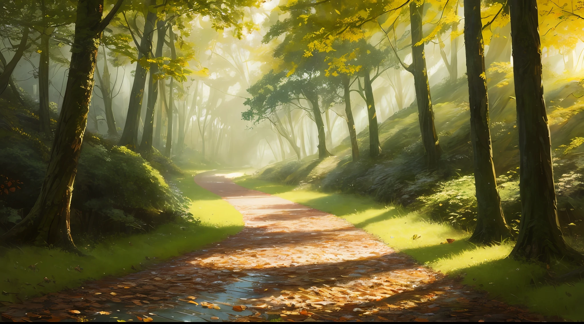 masterpiece, best quality, Yellow Leaf Alley, wet grass, winding path, bottom view((well-detailed forest)), (extremely detailed 8k CG wallpaper), professional majestic oil painting by Ed Blinky, Ateya Gailan, Studio Ghibli, Jeremy Mann, Greg Manchess, Antonio Moro, trend in ArtStation, trends in CGSociety, Intricate, High Detail, Sharp Focus, dramatic and photorealistic painting by Midjourney and Greg Rutkowski