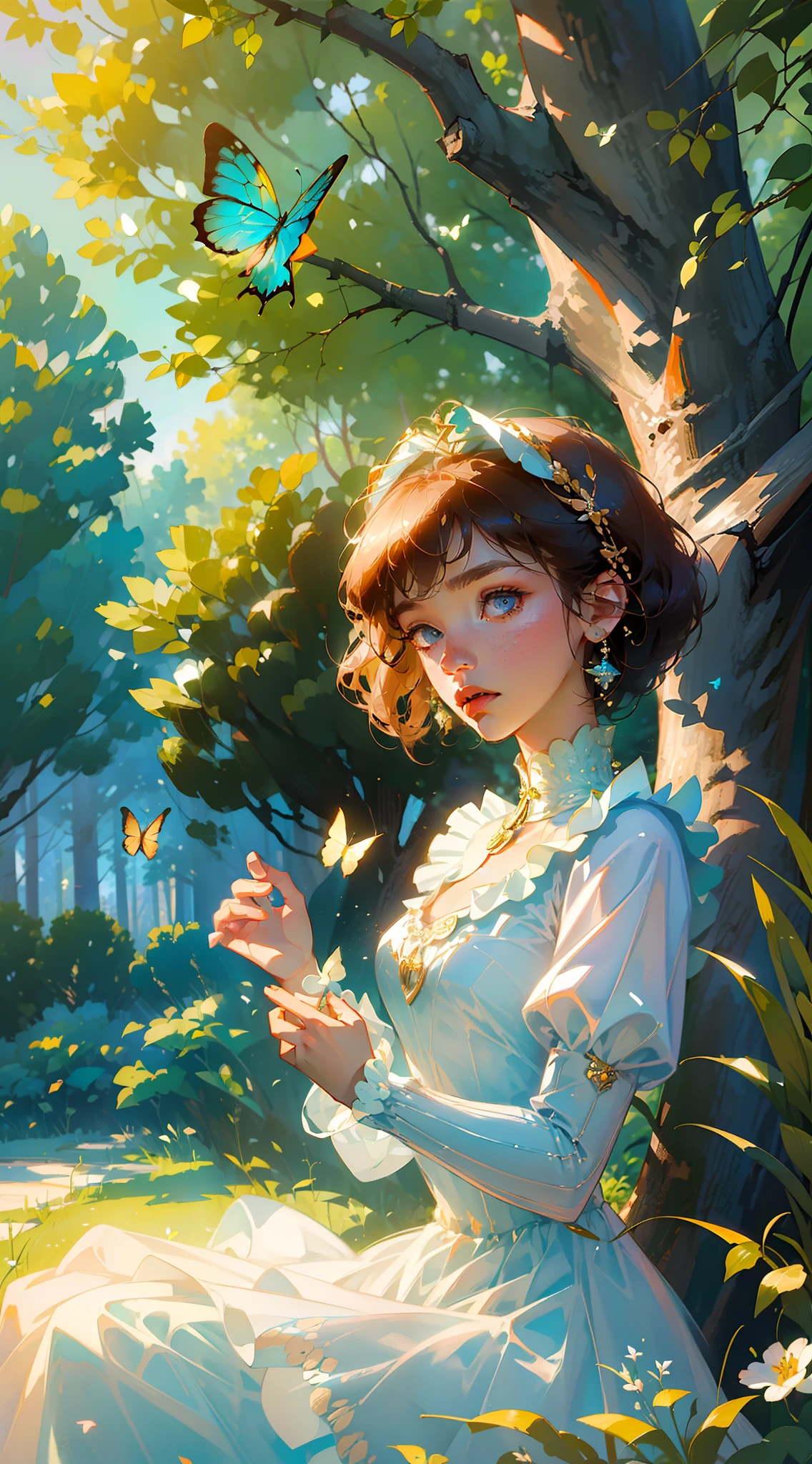 ((Superior quality, portraits, masterpieces, 8K wallpapers: 1.3)), girl with short wavy brown hair (((SHORT HAIR))), blue eyes like diamonds, sitting under a tree, butterflies surrounding her, golden hour, perfect shadows and scolding through the trees. Covered dress, light blue Victorian with ruffles and jewelry.