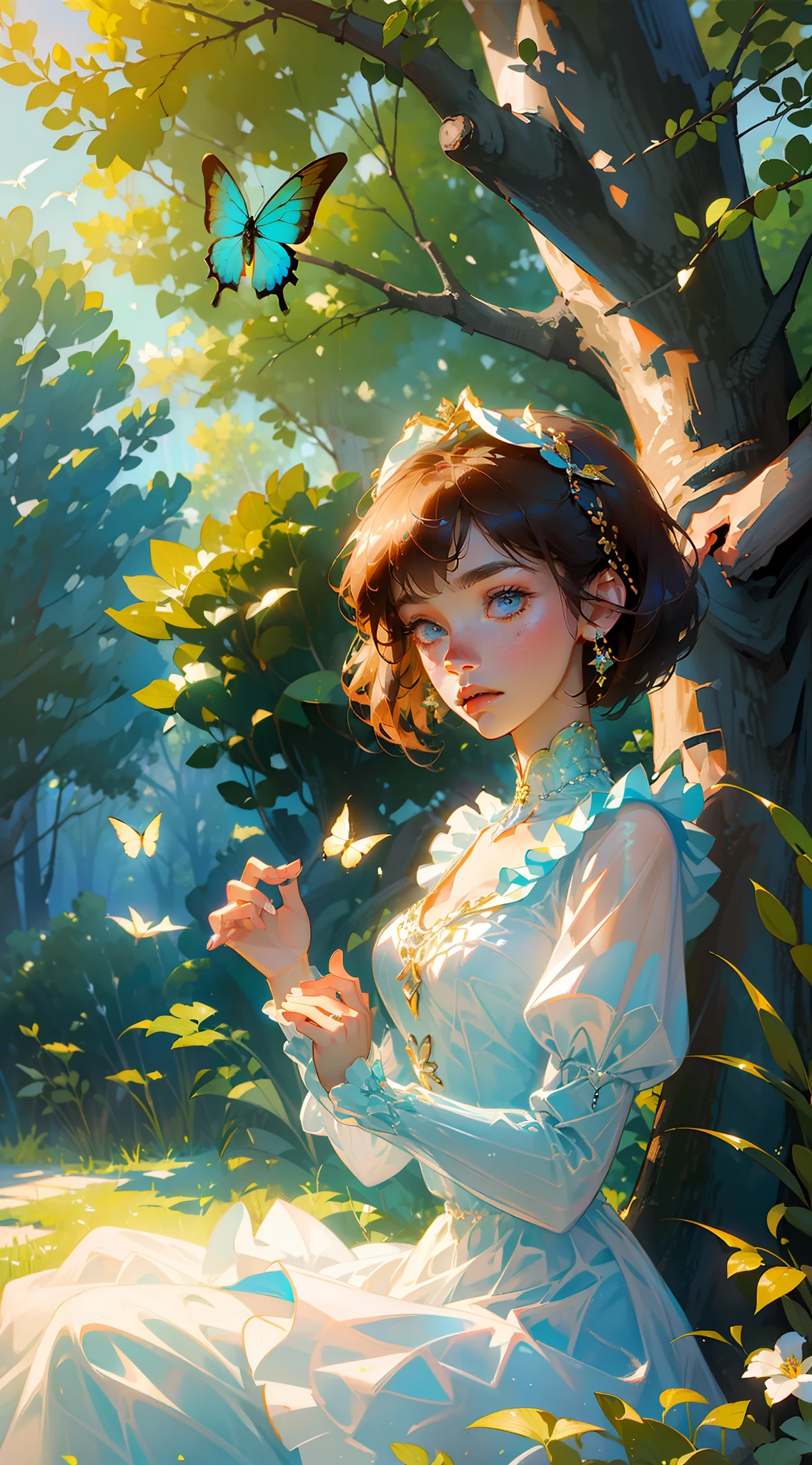 ((Superior quality, portraits, masterpieces, 8K wallpapers: 1.3)), girl with short wavy brown hair (((SHORT HAIR))), blue eyes like diamonds, sitting under a tree, butterflies surrounding her, golden hour, perfect shadows and scolding through the trees. Covered dress, light blue Victorian with ruffles and jewelry.