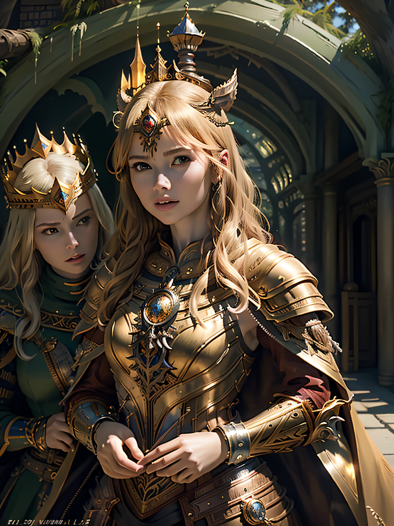 (Masterpiece, Top Quality, Top Quality, Official Art, Beautiful and Aesthetic: 1.2), (1 Girl), (Warrior Queen Golden Armor, Fur-Lined Cape, Bejeweled Crown: 1.2), Serious, Blonde, Colossal, Ultimate Jewel, 100 Pieces, Gorgeous, Photo