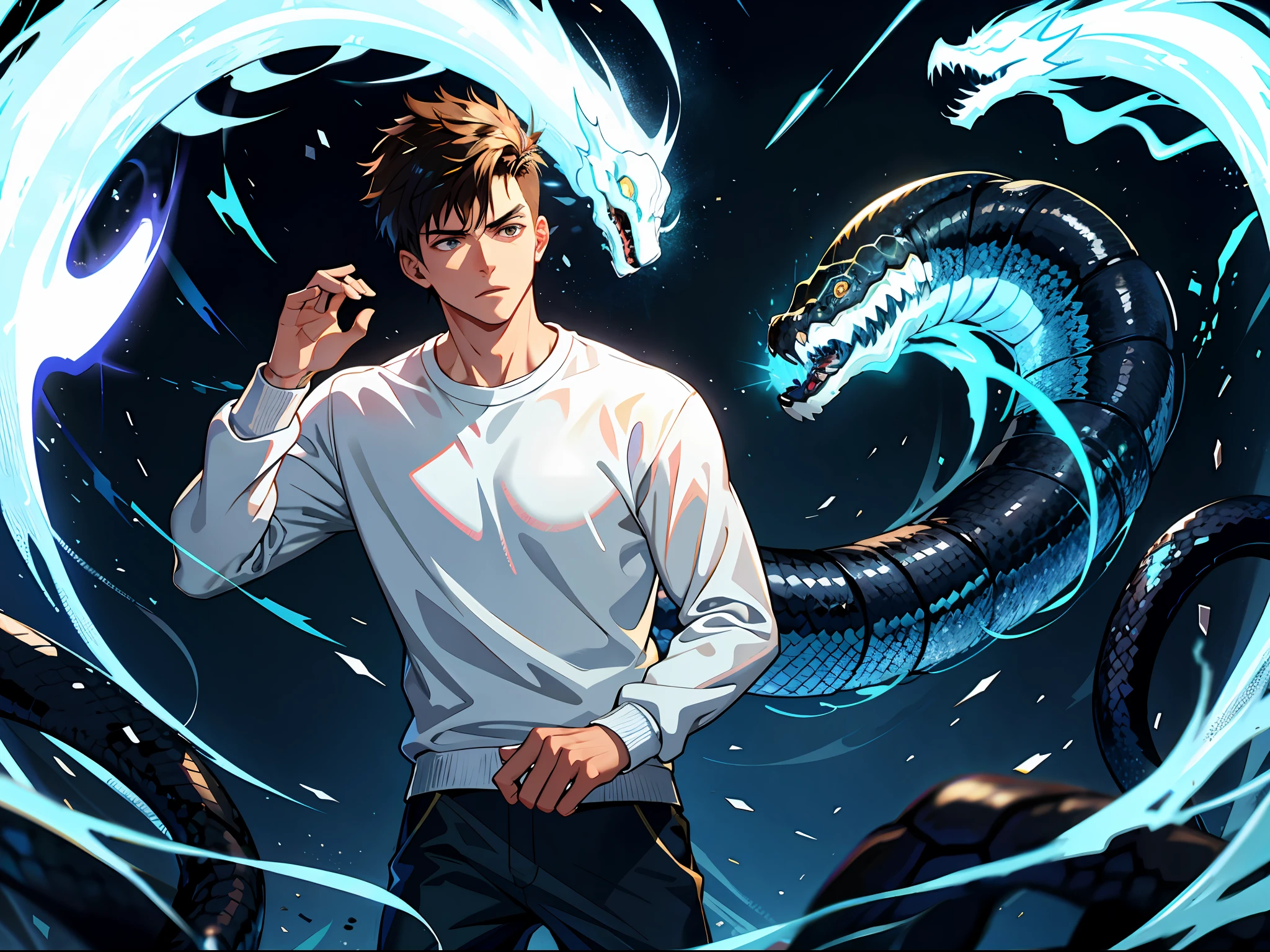 HD clarity, best images, illustration quality, super detailed picture, a rough young man in a white casual sweatshirt, behind him emerges a translucent giant black snake ghost, lightning and metal reflections.