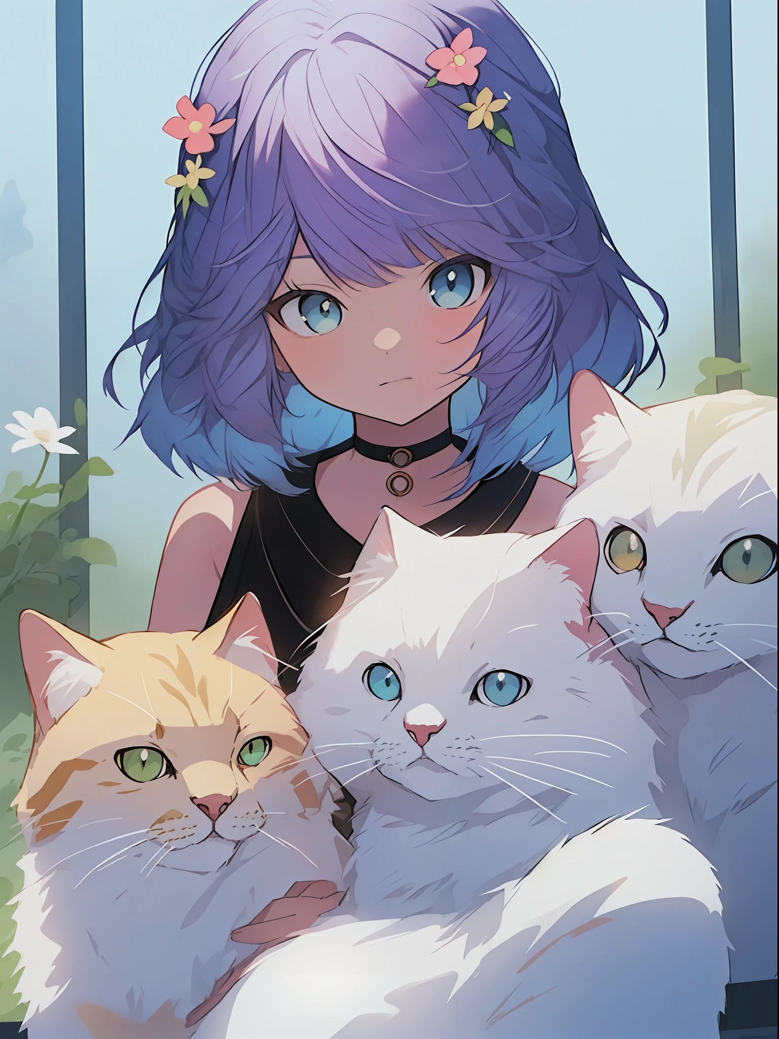 Woman sitting on the sofa, Anime style, Long shot, Maine, Norwegian Forest Cat, Cyberian, Ragdoll, Ragamuffin, Savannah Cat, British Shorthair, ((Highly detailed cat depiction, Woman holding a big cat, Beautiful cat, hair color: jar violet and half color and flower green blue and blue gradient color, web color specified, WEB color # A484A3 and # 843779 color purple hair color)))), blue backlight illuminating jar violet hair, cartoon-style illustrations with a children's theme featuring characters, warm color scheme, soft, high-quality images, details, accurate depiction, illuminated with originality that attracts the attention of the audience, depiction of women, highly detailed hairstyle, depiction of highly detailed hair, Depiction of highly detailed eyes, big blue eyes, drooping eyes, bright expression, height 165cm, scale 1/20, highly detailed facial details, unique character design, not an ugly face, five fingers, symmetrical, marble-like skin color, not an ugly body, two arms, two legs, Caucasian, watercolor ink Original drawing, story movie, movie, manga illustration, cute, adorable, Eyes with eyelashes