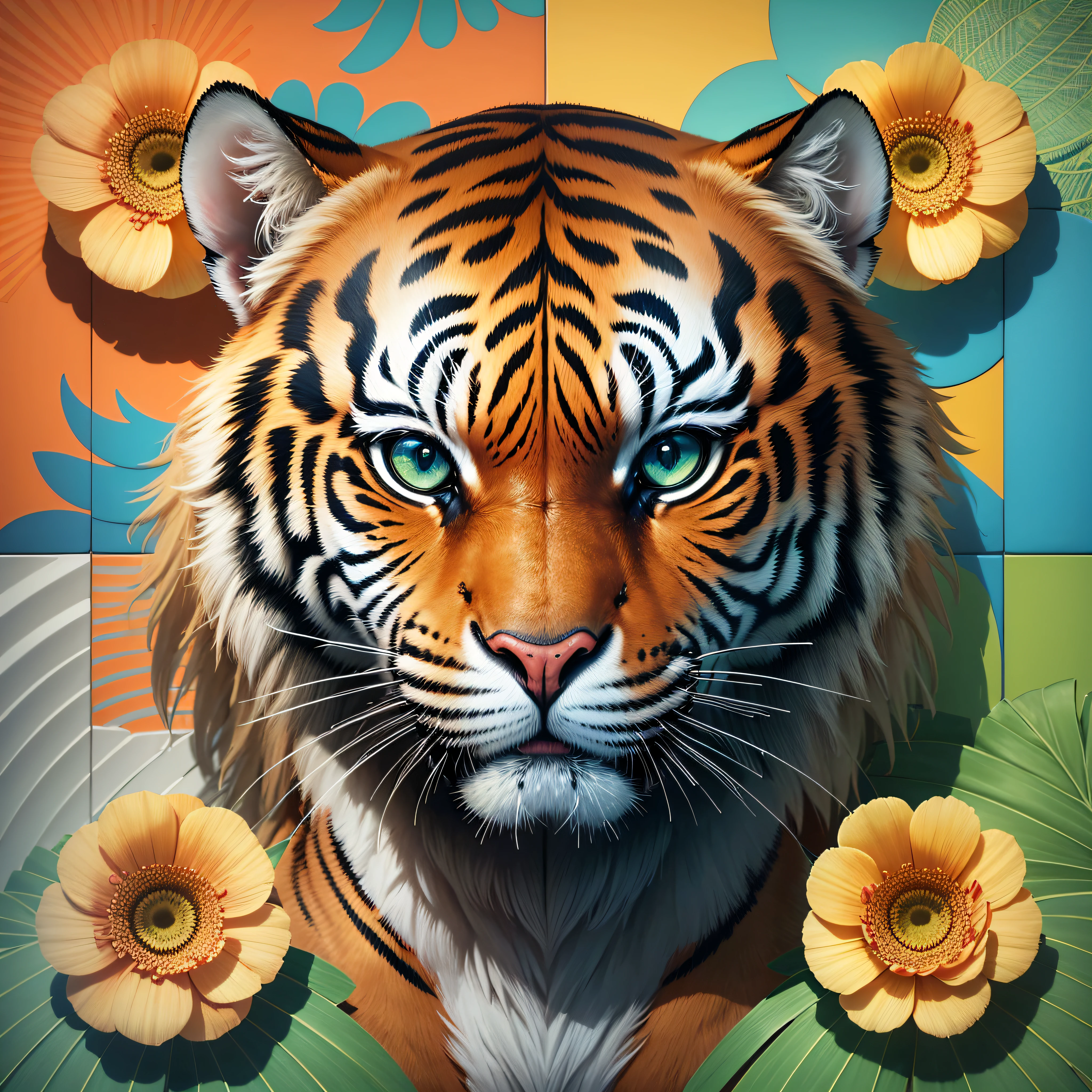 3D flower patterns, --AR 3:2, --tile , equirectangular 360, Highres, [(art by Willi Baumeister: 1.1), (art by John T. Biggers: 1.2)::17], official art, continuous paper 8k unit, ultra detailed, aesthetic, masterpiece, best quality, photorealistic, ((only one face)) tiger in the middle --auto --s2