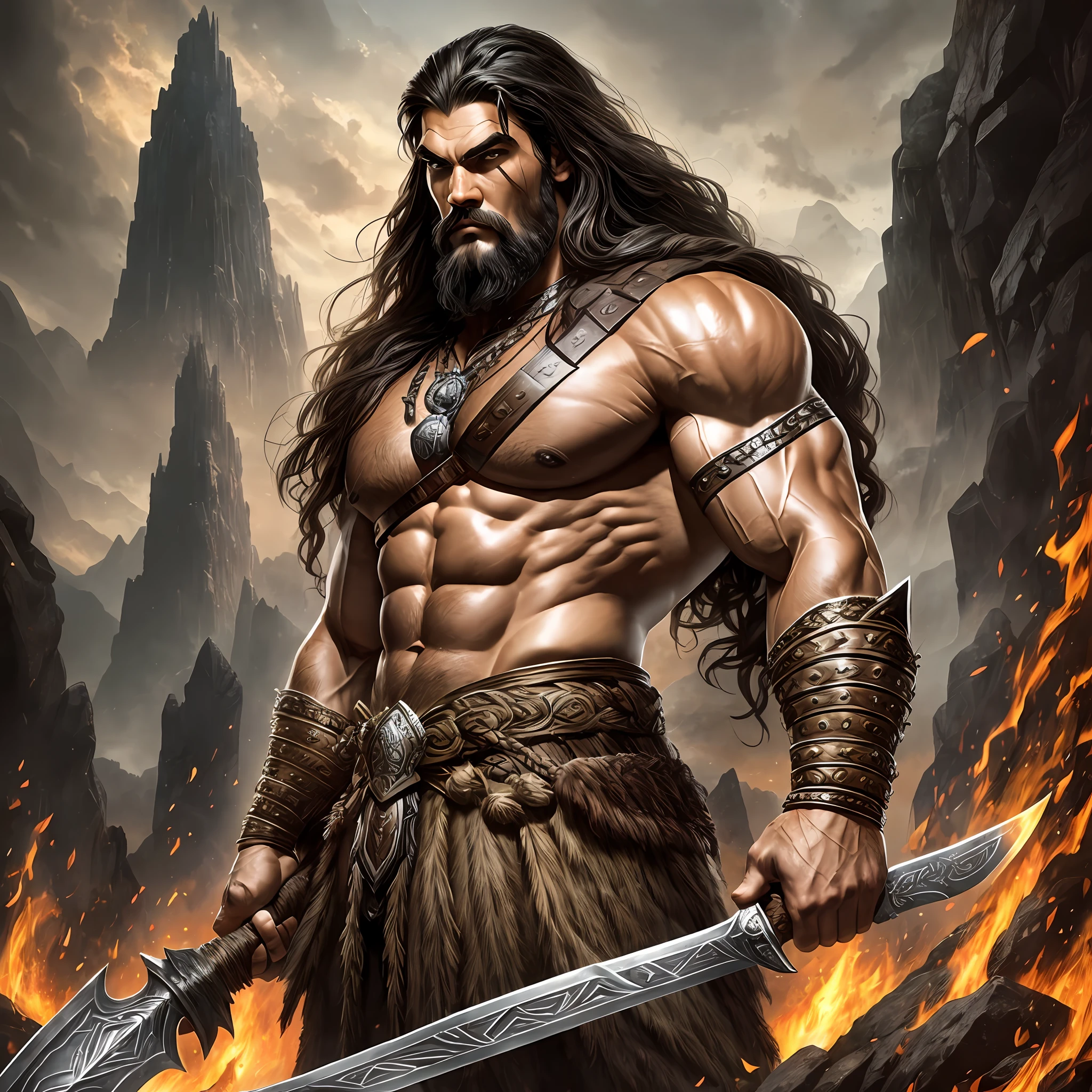 a man with a sword standing in front of a fire, Angry face, long and black beard, very fit body, one of his hands is a fist, standing on top of a mountain, high quality, long hair, Iranian face, silver sword, male barbarian, barbarian warrior, barbarian class, barbarian, fire giant, heroic fantasy character concept, epic fantasy character art, masculine muscular figure, heroic fantasy art, conan the barbarian, muscular character, heroic masculine pose, jason momoa as assyrian, muscular masculine figure --auto --s2