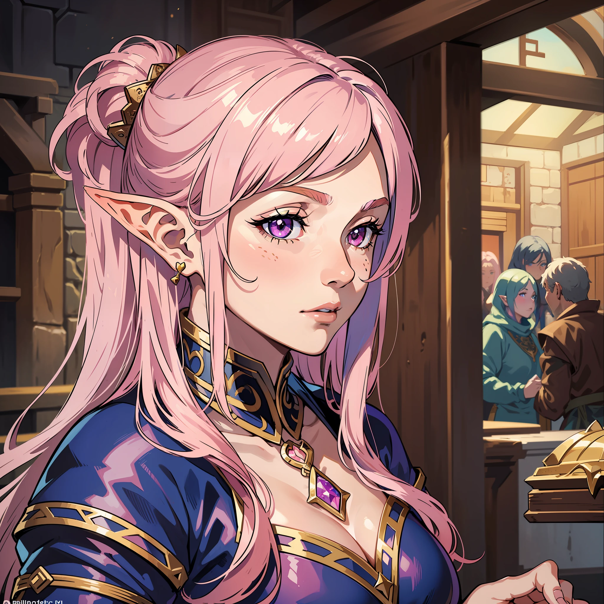 (masterpiece: 1.2, best quality), (very detailed face, real image, realistic skin, realistic body, intricate details), 1lady, solo, upper body, big, Dark elf, petite, pointy ears, pink hair, medieval clothes, rpg, medieval tavern background