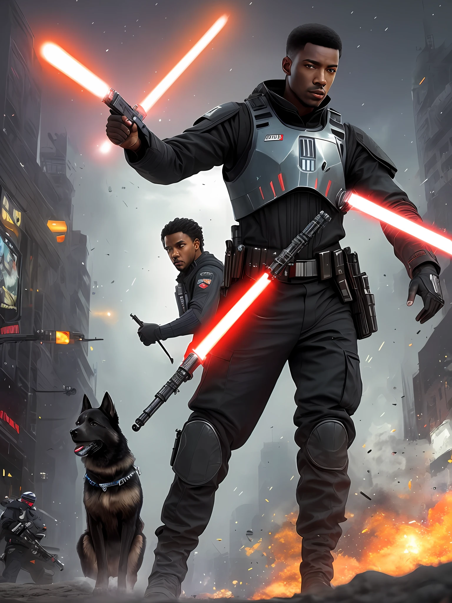 (Best quality, masterpiece) 8k realistic art, cinematic, black man in uniform (SWAT) wielding a red Jedi sword, (star wars) heroic position, full body image, next to man a dog of the German shepherd breed policeman (k-9), in the background dark city with vibrant illuminations, particles of smoke and dust