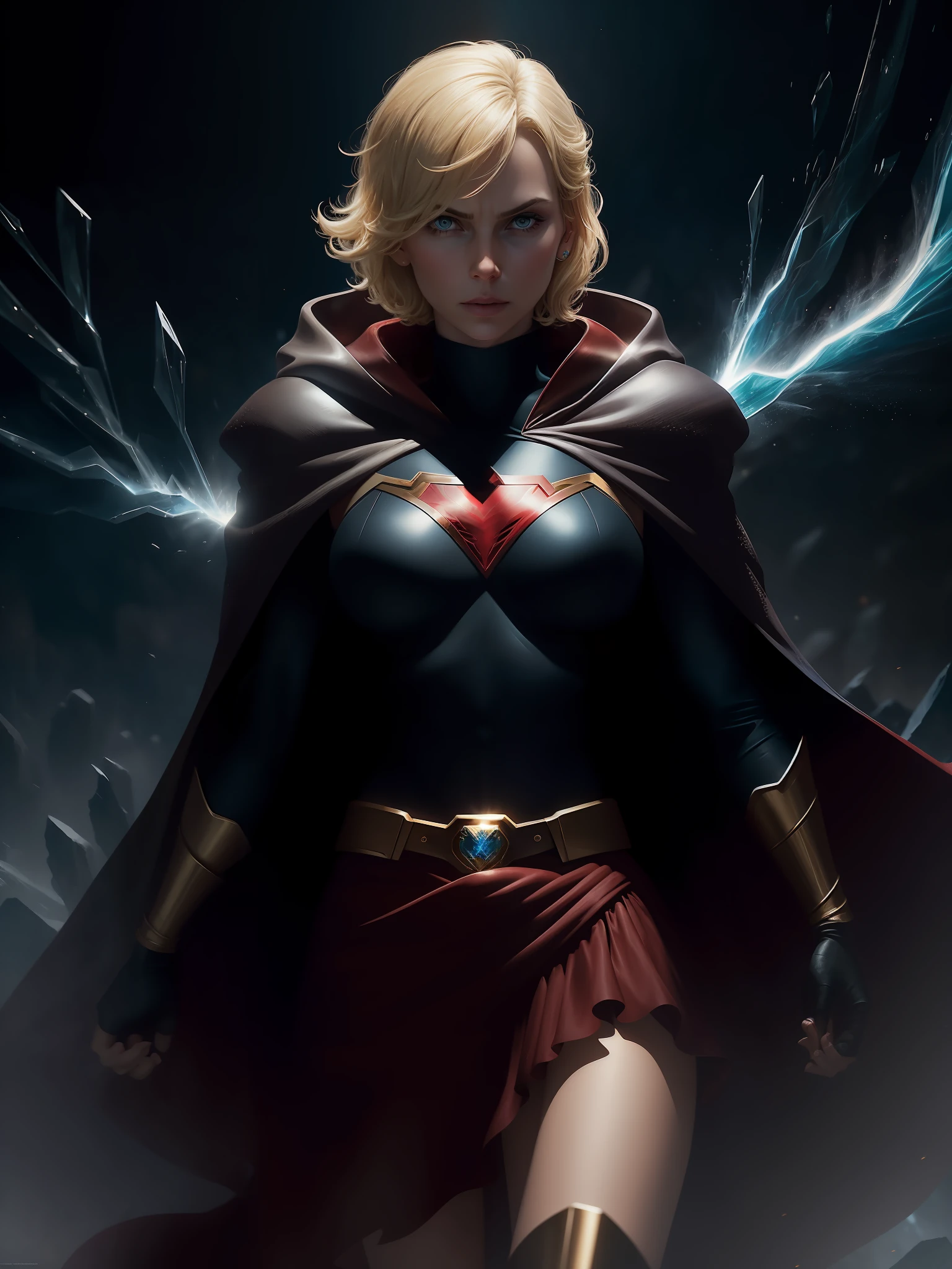 Movie scene, dark, mid-length close-up [Charlize Theron], blonde hair, short hair, hair, bangs, movie scene, cold, ice, big ice crystals, cowboy shot, action, strong, beautiful, super girl DC comics, skirt, red and gold cloak, energy, action, impactful