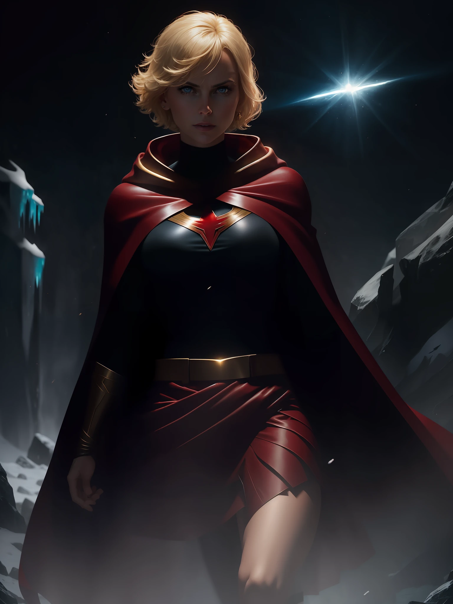Movie scene, dark, mid-length close-up [Charlize Theron], blonde hair, short hair, hair, bangs, movie scene, cold, ice, big ice crystals, cowboy shot, action, strong, beautiful, super girl DC comics, skirt, red and gold cloak, energy, action, impactful