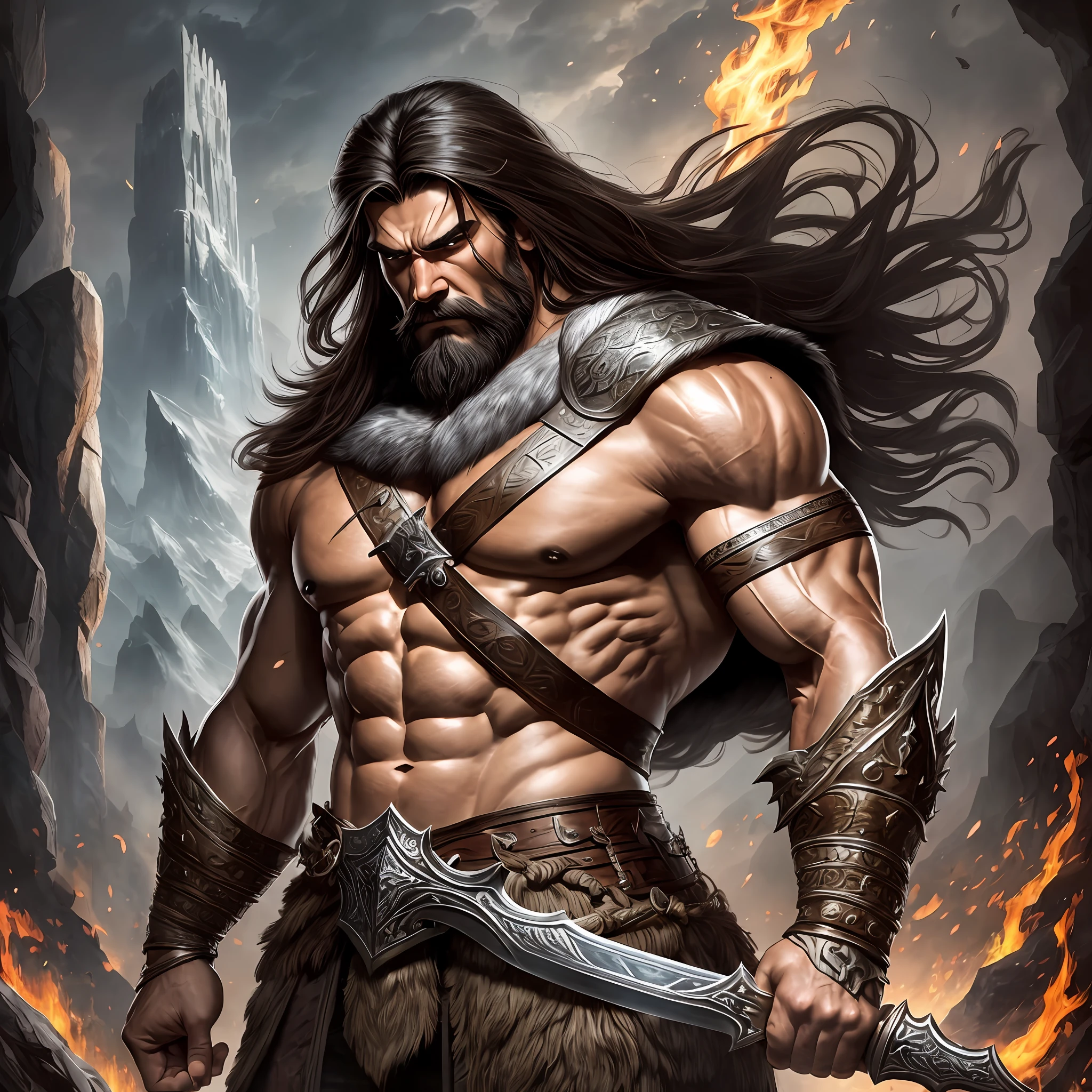 a man with a sword standing in front of a fire, Angry face, long and black beard, very fit body, one of his hands is a fist, standing on top of a mountain, high quality, long hair, Iranian face, silver sword, male barbarian, barbarian warrior, barbarian class, barbarian, fire giant, heroic fantasy character concept, epic fantasy character art, masculine muscular figure, heroic fantasy art, conan the barbarian, muscular character, heroic masculine pose, muscular masculine figure --auto --s2