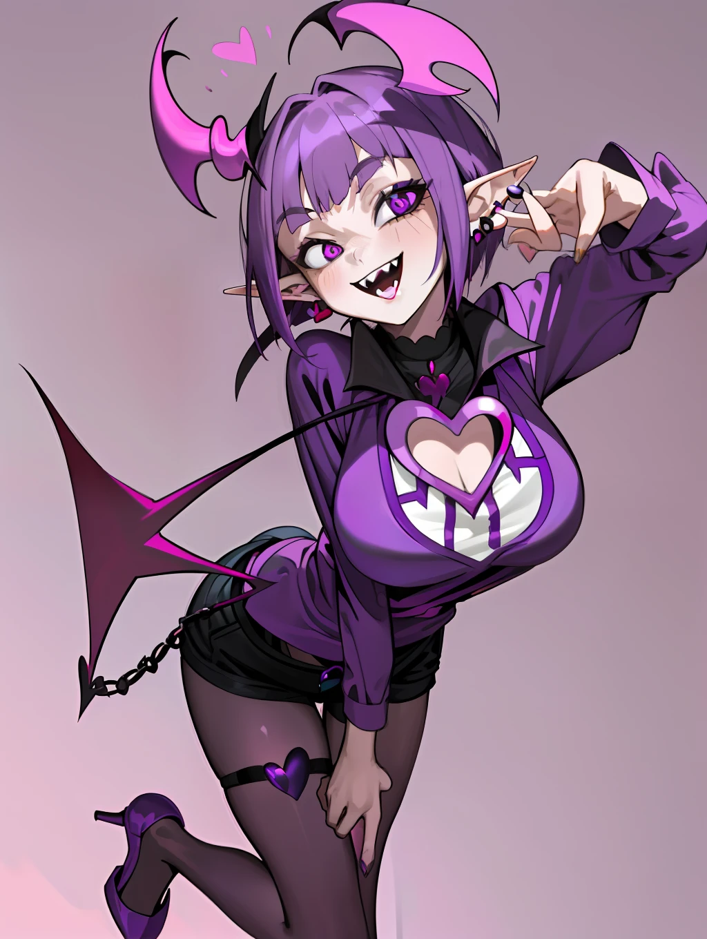 ((masterpiece,best quality)),1girl, loli, solo,elf ears, heart shaped earrings, heart shaped pupils, short hair, ((purple hair)), a pink streak on the bangs, ((a gap between the teeth)), Long black t shirt, long sleeves,
shorts with chain, full body,((fangs))