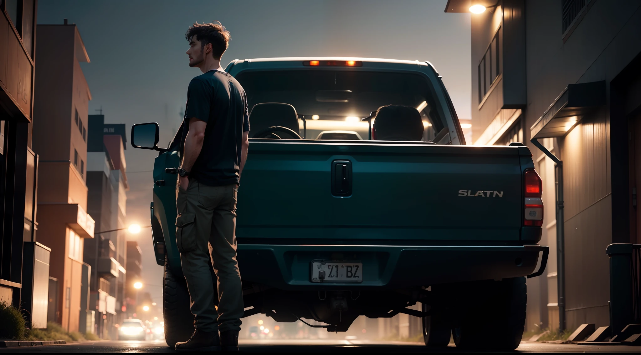 Man standing on the side of the pickup truck on a dark street