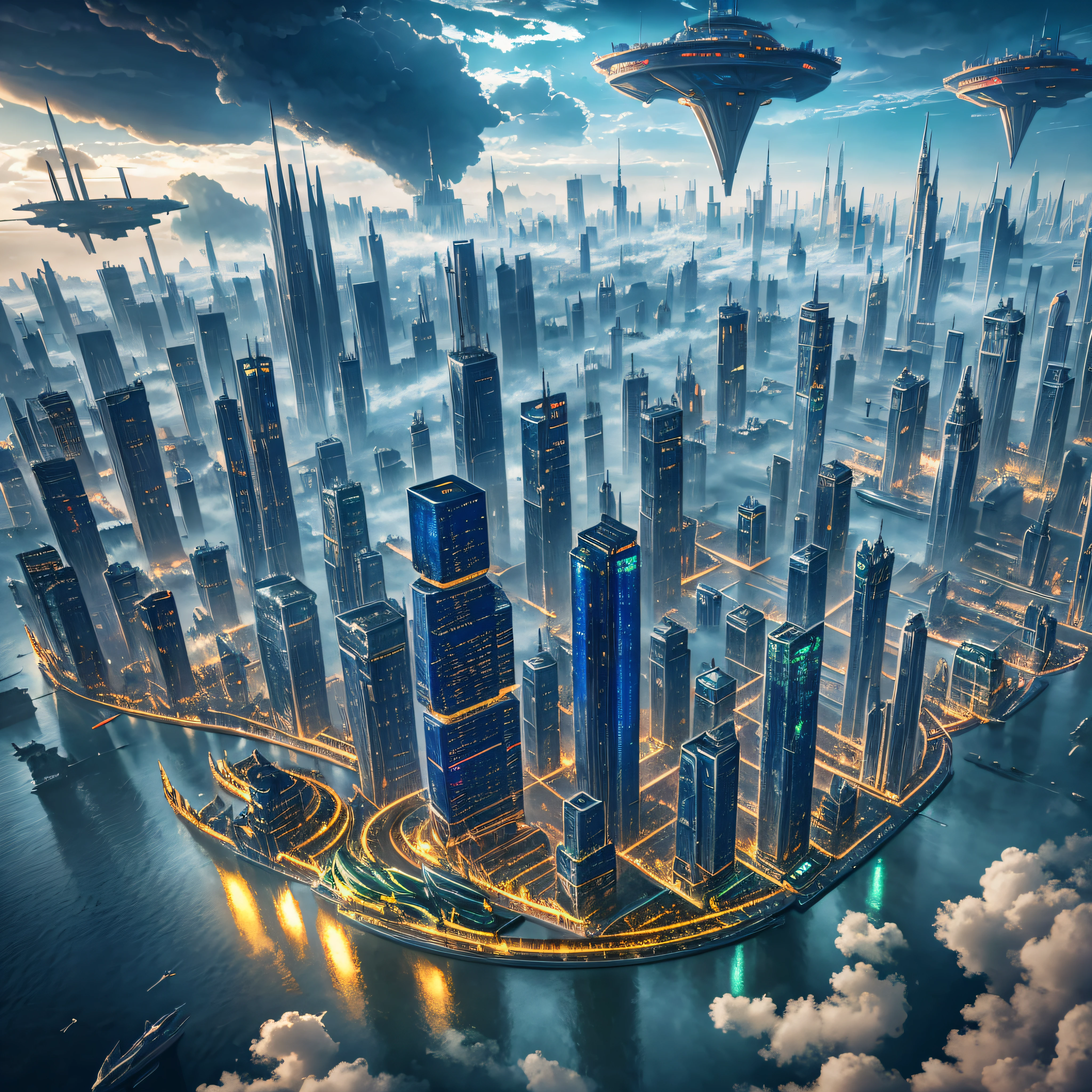 "Floating City": An ethereal metropolis suspended in the clouds, with towering skyscrapers, intricate bridges, and airships gliding between buildings, Surrealism, color field printing, high detail, UHD, 8k, anatomically correct, cinematic lighting 4d quality --auto --s2