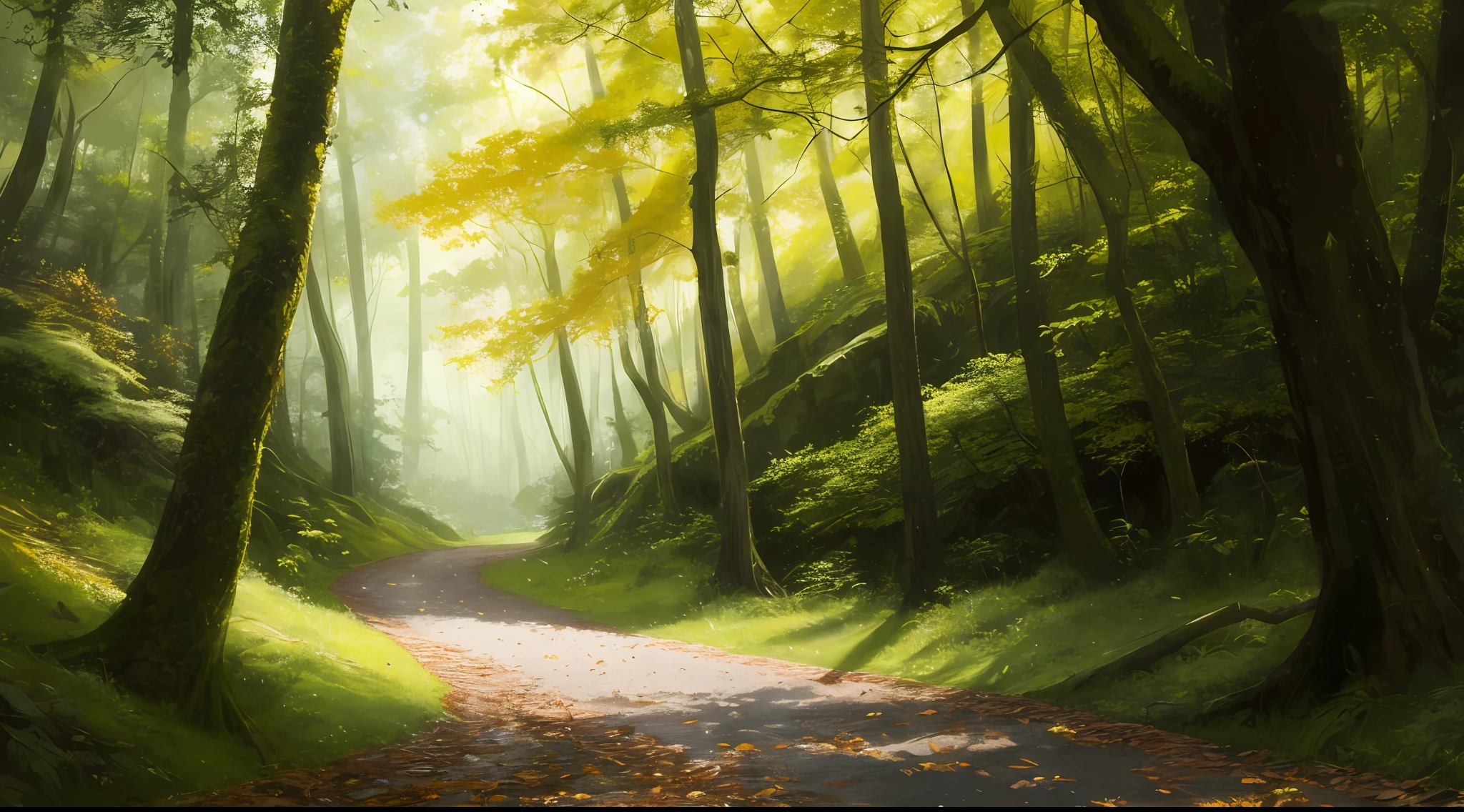 masterpiece, best quality, Yellow Leaf Alley, wet grass, thickets, winding path, bottom view((well-detailed forest)), (extremely detailed 8k CG wallpaper), professional majestic oil painting by Ed Blinky, Ateya Gailan, Studio Ghibli, Jeremy Mann, Greg Manchess, Antonio Moro, trend in ArtStation, trends in CGSociety, Intricate, High Detail, Sharp Focus, dramatic and photorealistic painting by Midjourney and Greg Rutkowski