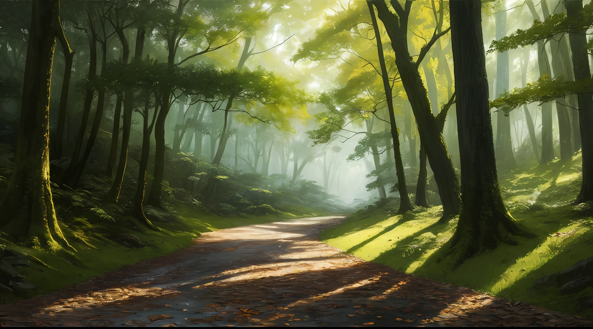 masterpiece, best quality, Yellow Leaf Alley, wet grass, thickets, winding path, bottom view((well-detailed forest)), (extremely detailed 8k CG wallpaper), professional majestic oil painting by Ed Blinky, Ateya Gailan, Studio Ghibli, Jeremy Mann, Greg Manchess, Antonio Moro, trend in ArtStation, trends in CGSociety, Intricate, High Detail, Sharp Focus, dramatic and photorealistic painting by Midjourney and Greg Rutkowski