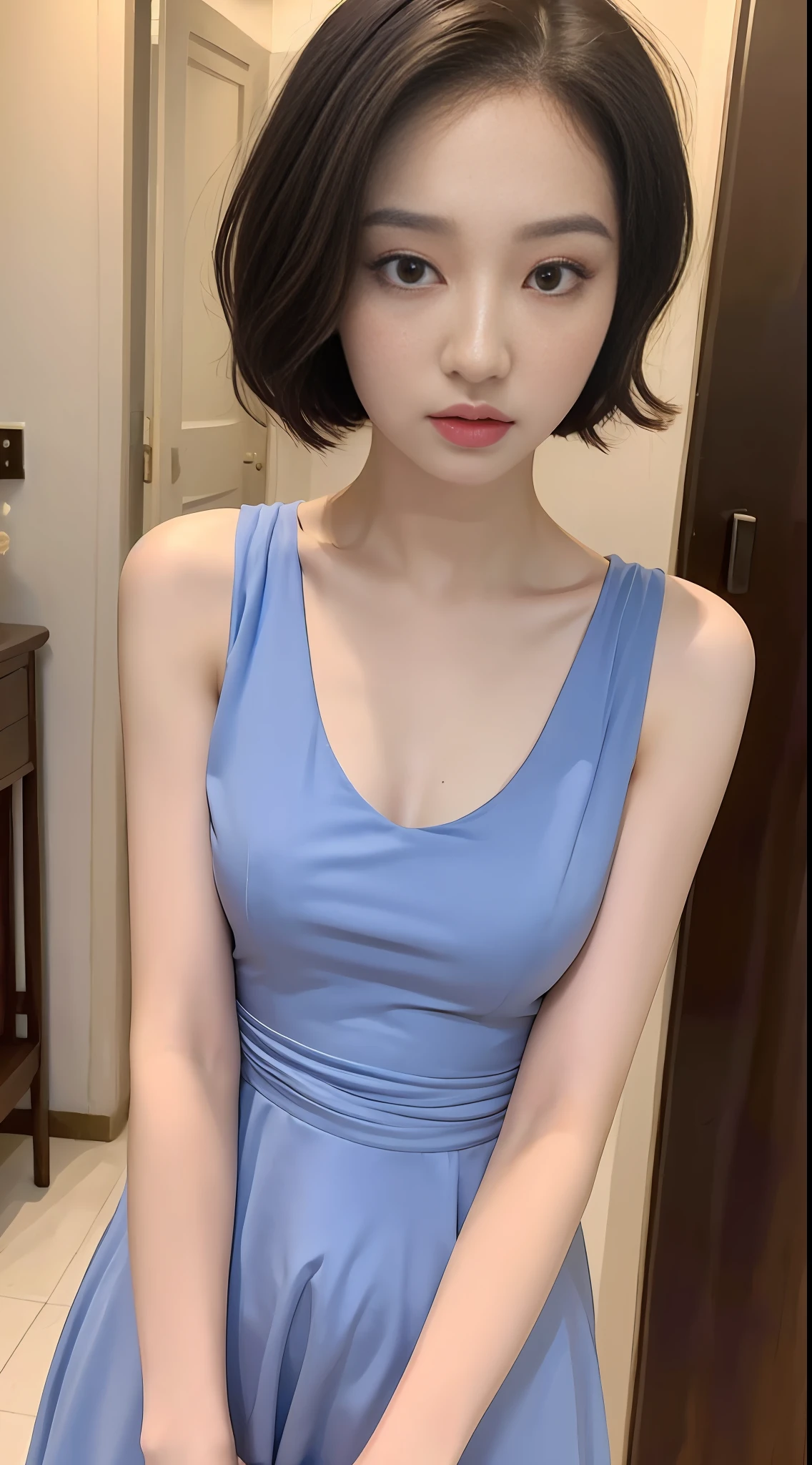 ((Best Quality, 8K, Masterpiece: 1.3)), 1girl, Slim Abs Beauty: 1.3, (Short hair, :1.2), Dress: 1.1, Super fine face, Fine eyes, Double eyelids, Teasy expression, Home