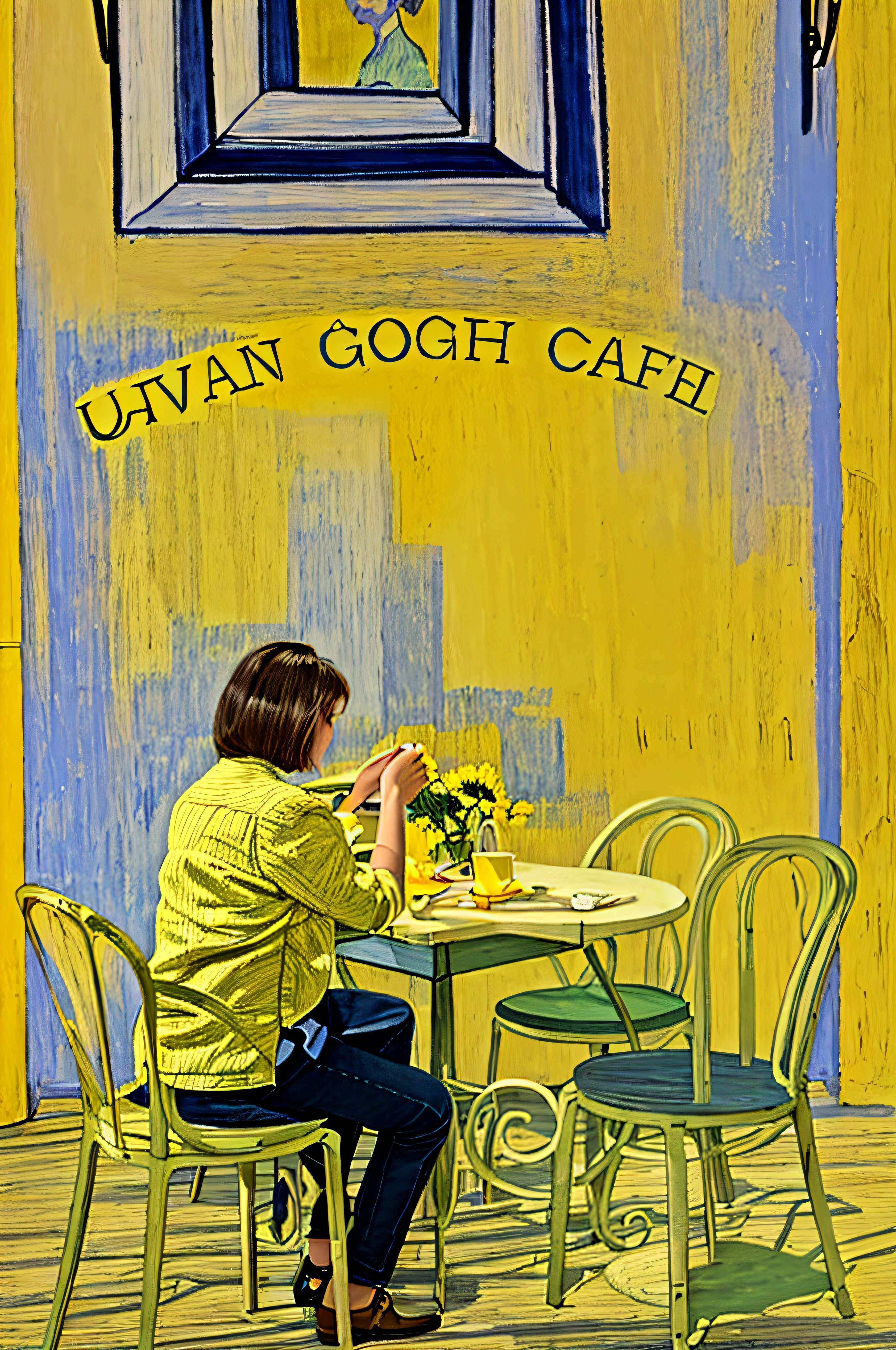 Yellow chair and a table on which a woman sits, one person in a café, one person in a café, in a bright café, inspired by Vincent van Gogh, Vincent van Gogh style, sitting in a café, --auto --s2