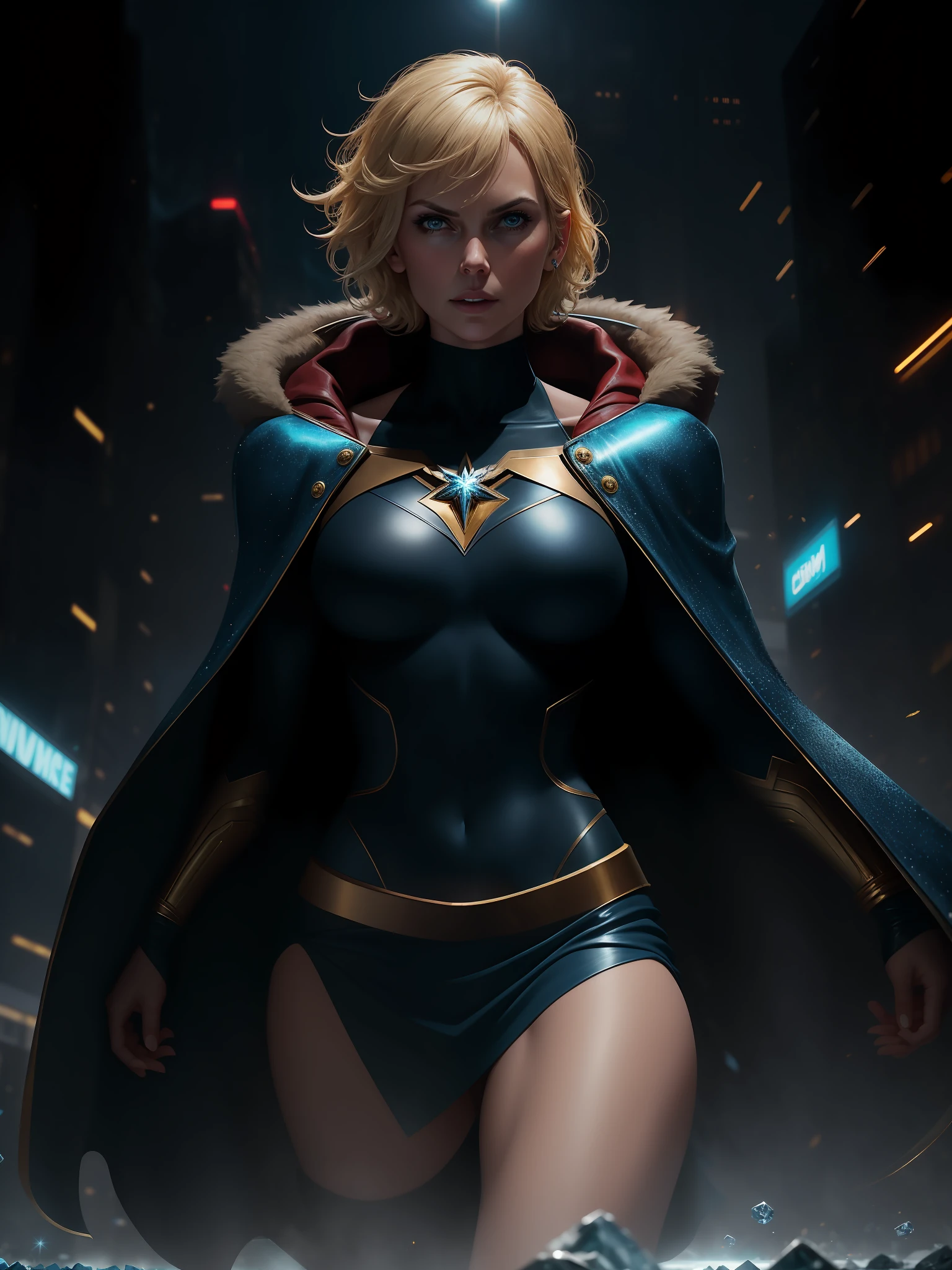 movie scene, dark, mid-length close-up [Charlize Theron], blonde hair, short hair, hair, bangs, movie scene, cold, ice, big ice crystals, cowboy shot, action, strong, beautiful, super girl DC comics, blue black swimsuit, gold, cyberpunk, skirt, red and gold cloak, energy, action, impactful
