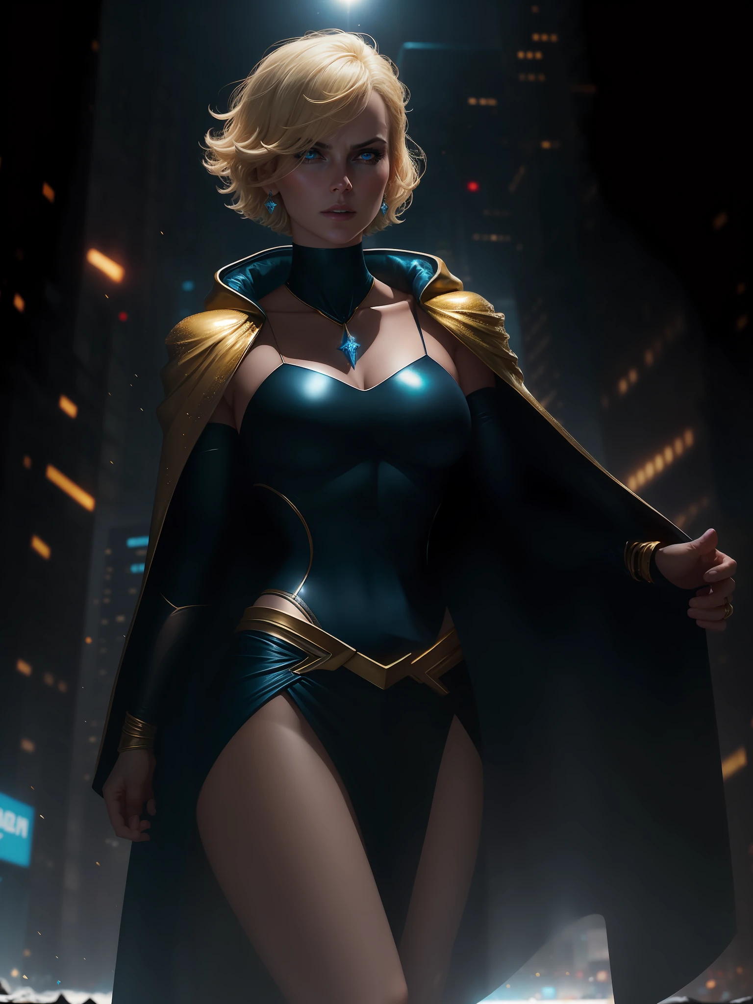 movie scene, dark, mid-length close-up [Charlize Theron], blonde hair, short hair, hair, bangs, movie scene, cold, ice, big ice crystals, cowboy shot, action, strong, beautiful, super girl DC comics, blue black swimsuit, gold, cyberpunk, skirt, red and gold cloak, energy, action, impactful