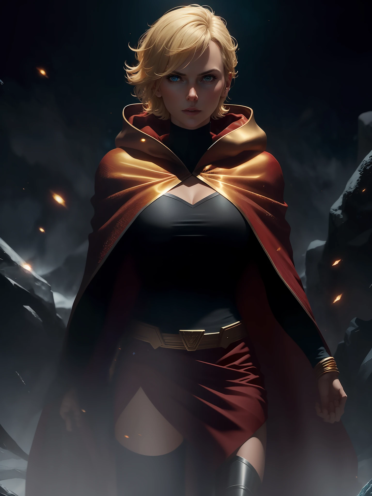 Movie scene, dark, mid-length close-up [Charlize Theron], blonde hair, short hair, hair, bangs, movie scene, cold, ice, big ice crystals, cowboy shot, action, strong, beautiful, super girl DC comics, skirt, red and gold cloak, energy, action, impactful