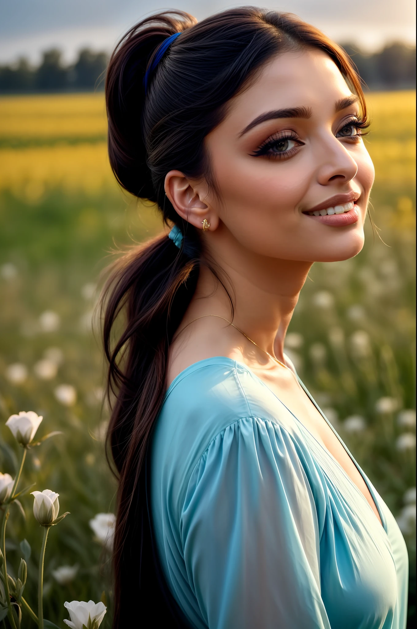 daytime scene, field of flowers, close-up photo of a sexy aishwarya rai, posing, looking at a camera and smiling, black ponytail hair, (blue eyes:0.8), warm mature face, 38 yo, soft volumetric lights, (backlit:1.3), (cinematic:1.3), intricate details, (ArtStation:1.2)