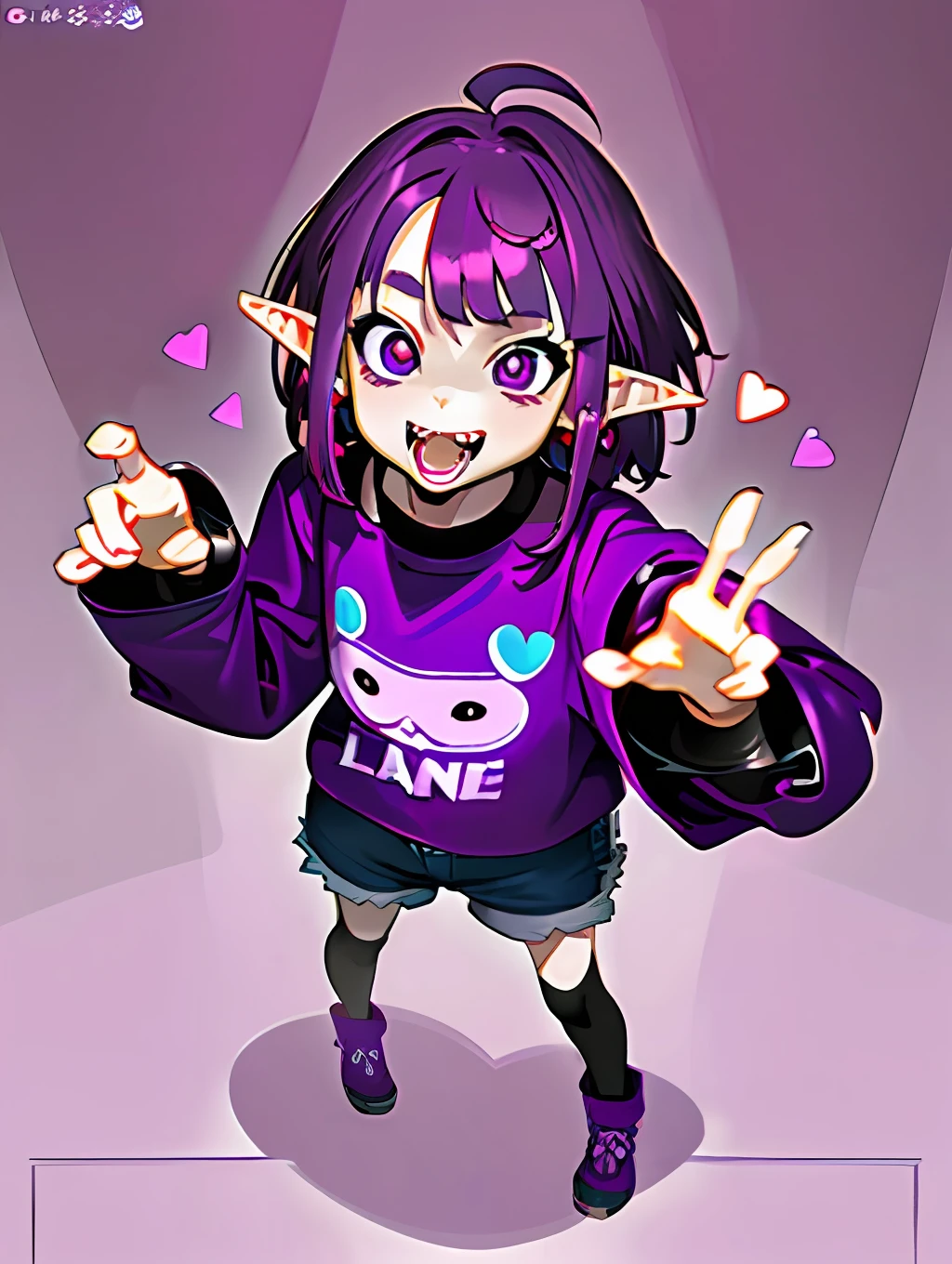 ((masterpiece,best quality)),1girl, , solo,elf ears, heart shaped earrings, heart shaped pupils, short hair, ((purple hair)), a pink streak on the bangs, ((a gap between the teeth)), Long black t shirt, long sleeves,
shorts with chain, full body,((fangs))