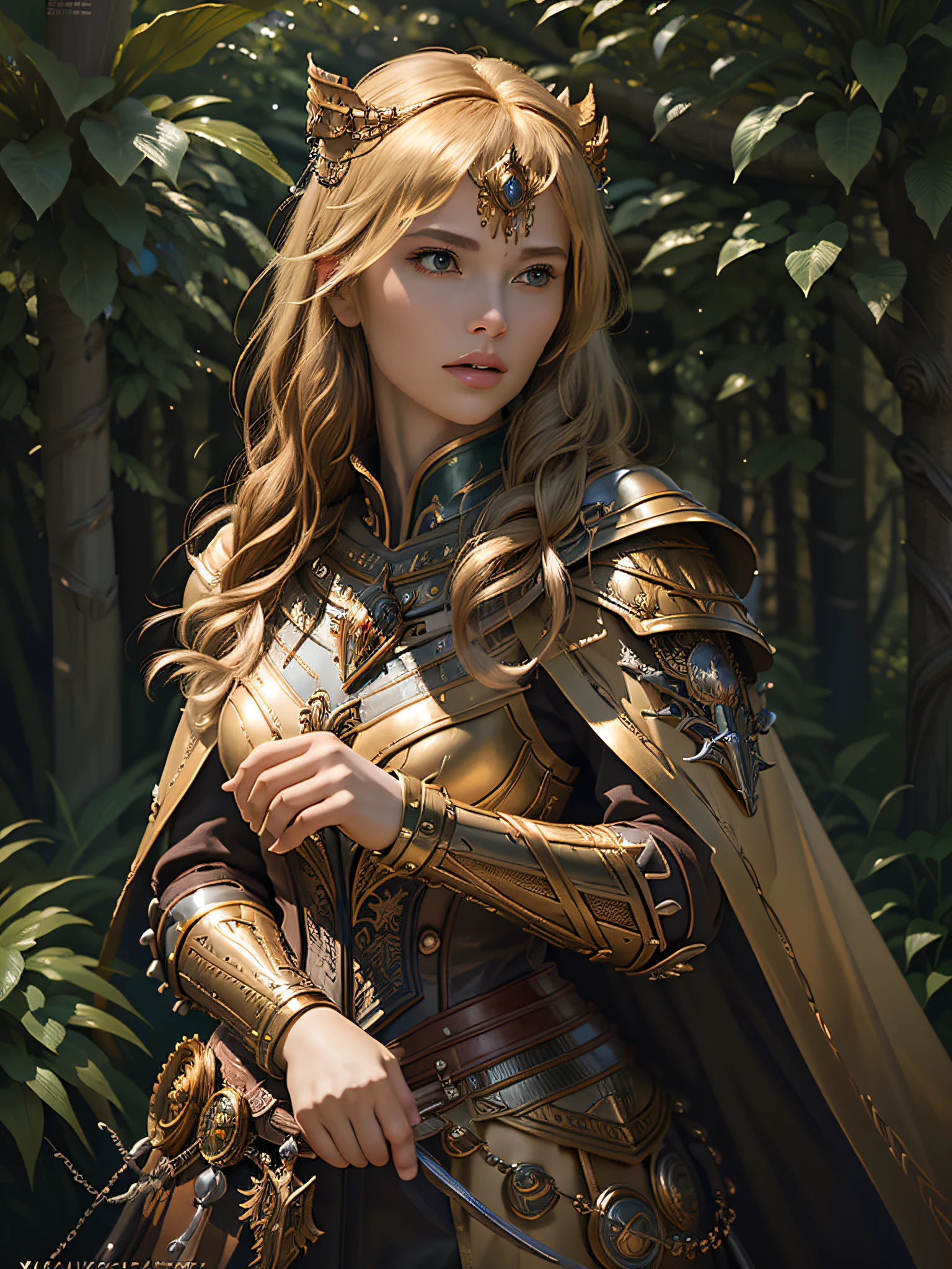 (Masterpiece, Top Quality, Top Quality, Official Art, Beautiful and Aesthetic: 1.2), (1 Girl), (Warrior Queen Golden Armor, Fur-Lined Cape, Bejeweled Crown: 1.2), Serious, Blonde, Colossal, Ultimate Jewel, 100 Pieces, Gorgeous, Photo