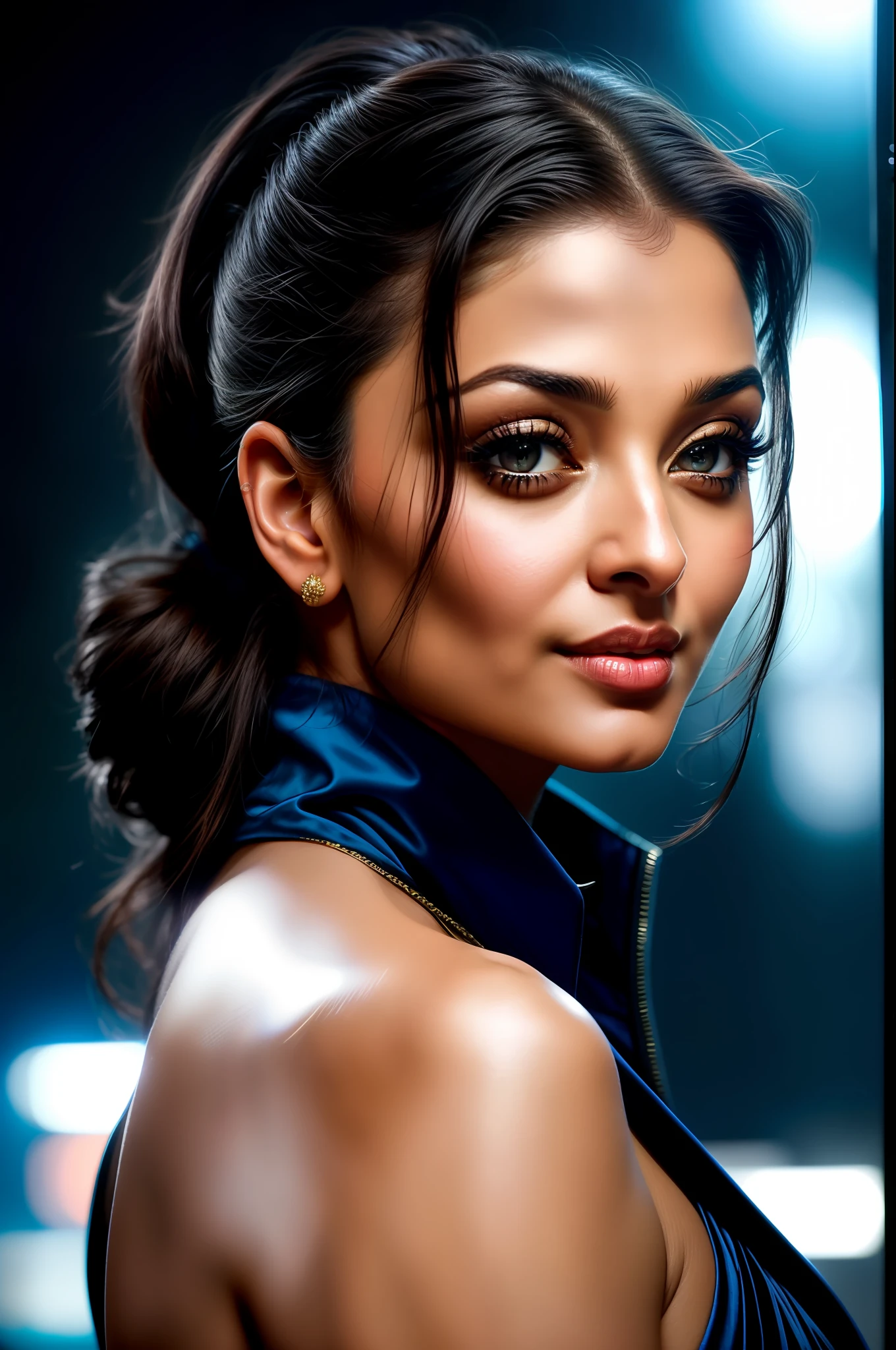 night scene, close up photo of a sexy aishwarya rai, posing, look at a camera and smile, black ponytail hair, (blue eyes:0.8), hot mature face, 38 yo, soft volumetric lights, (backlit:1.3), (cinematic:1.3), intricate details, (ArtStation:1.2)