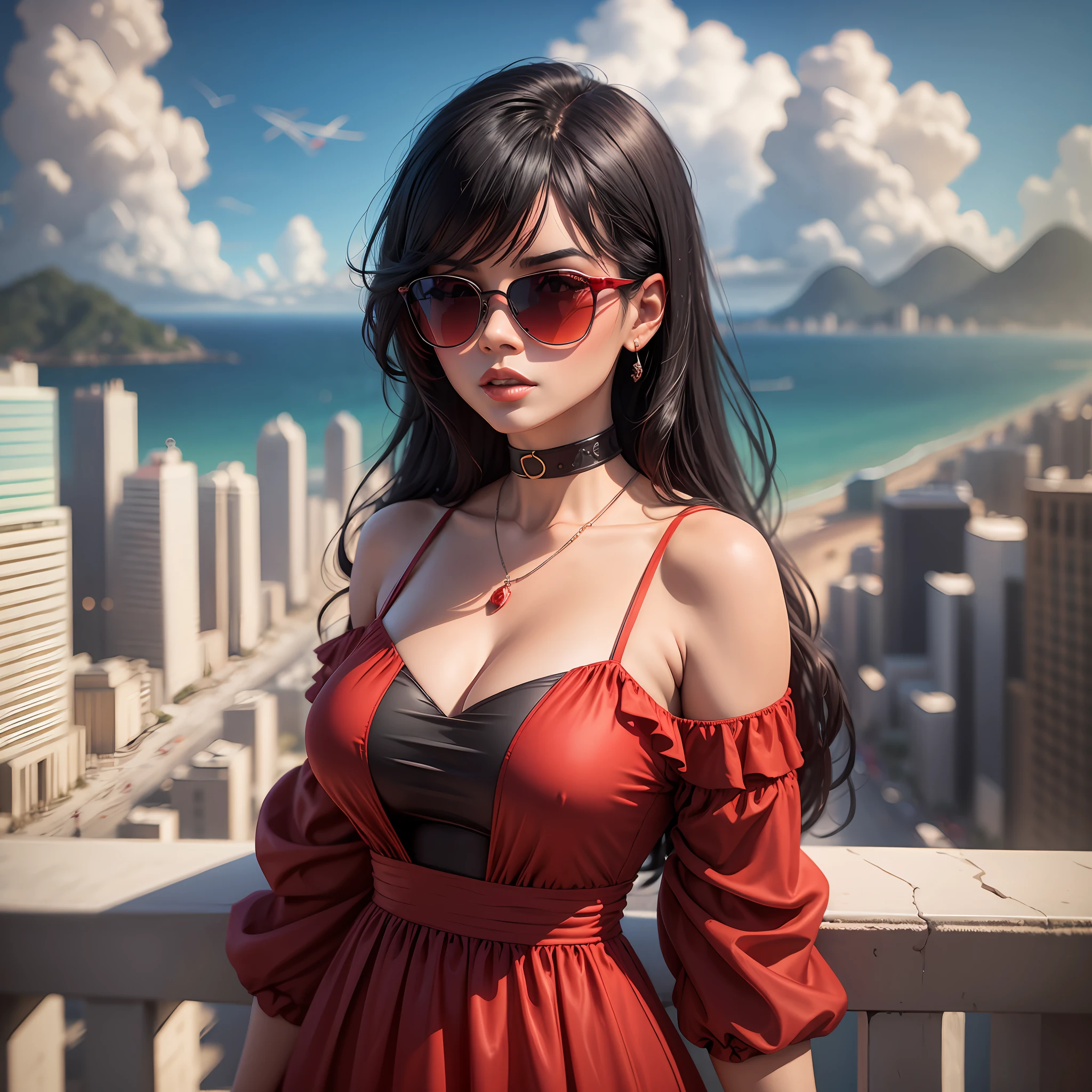 A woman wearing a red dress, black hair, in a city of Rio de Janeiro background, sunglasses, sunglasses, sunglasses, sunglasses, sunglasses, sunglasses, sunglasses, Surrealism, Luminism, Luminism, Luminism, Surrealism, Surrealism, Surrealism, 8k, super detail, UHD, high quality, 8k --auto --s2