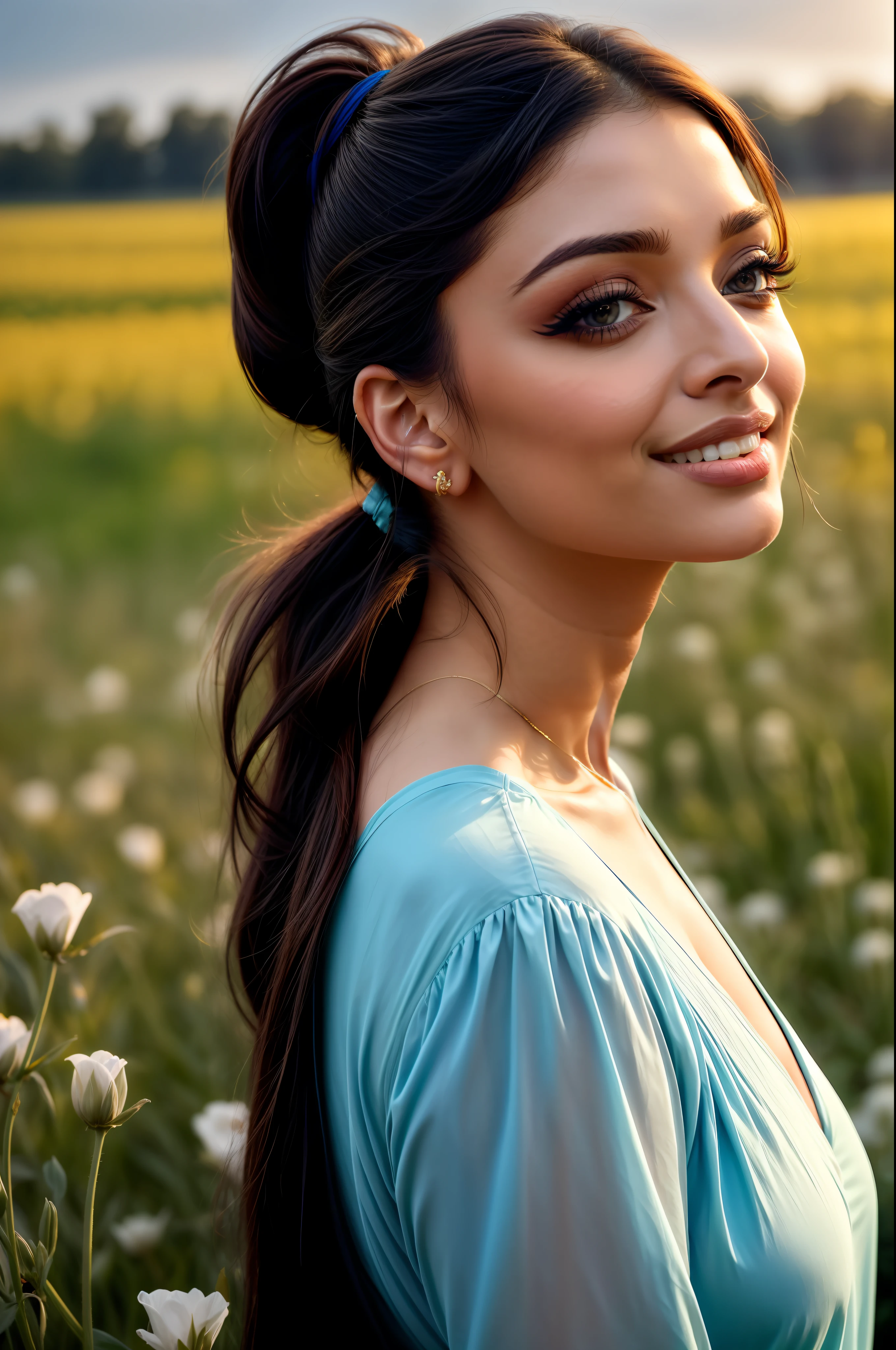 daytime scene, field of flowers, close-up photo of a sexy aishwarya rai, posing, looking at a camera and smiling, black ponytail hair, (blue eyes:0.8), warm mature face, 38 yo, soft volumetric lights, (backlit:1.3), (cinematic:1.3), intricate details, (ArtStation:1.2)