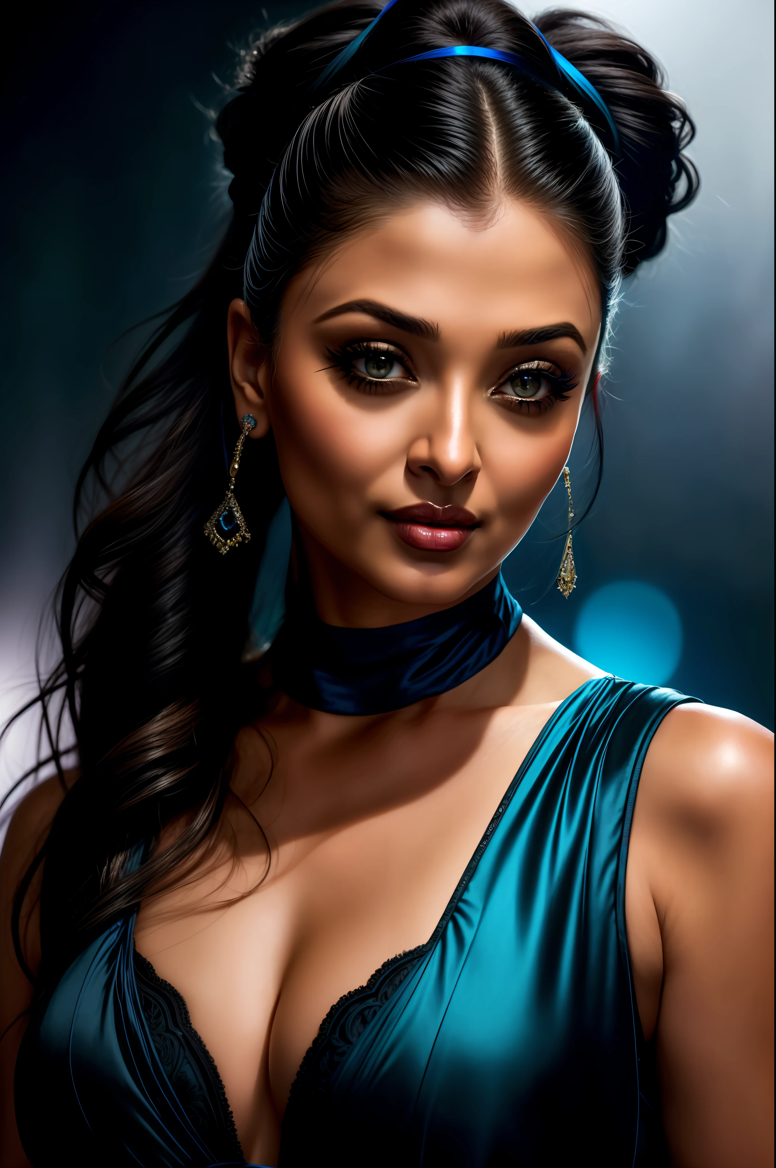 night scene, close up photo of a sexy aishwarya rai, posing, look at a camera and smile, black ponytail hair, (blue eyes:0.8), hot mature face, 38 yo, soft volumetric lights, (backlit:1.3), (cinematic:1.3), intricate details, (ArtStation:1.2)