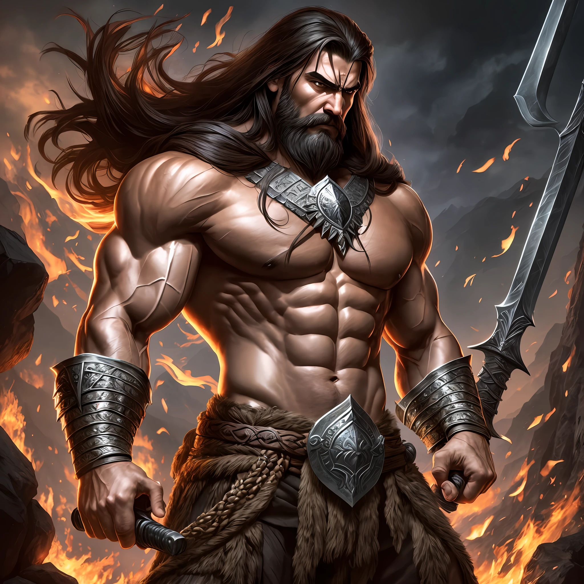 a man with a sword standing in front of a fire, Angry face, long and black beard, very fit body, one of his hands is a fist, standing on top of a mountain, high quality, long hair, Iranian face, silver sword, male barbarian, barbarian warrior, barbarian class, barbarian, fire giant, heroic fantasy character concept, epic fantasy character art, masculine muscular figure, heroic fantasy art, conan the barbarian, muscular character, heroic masculine pose, muscular masculine figure --auto --s2