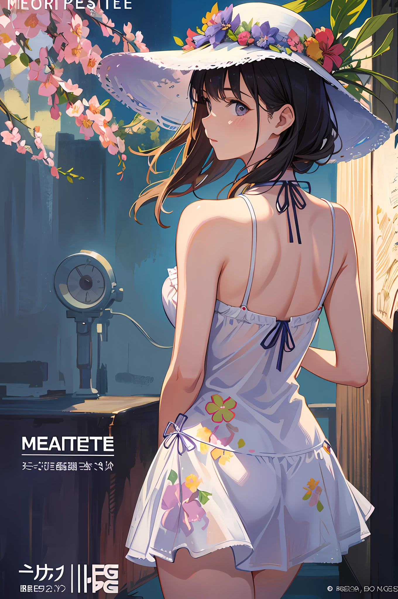 masterpeace, best quality, ((magazine cover)), magazine title, text, 1girl, 18yo girl, behind, wide-brimmed hat, summer dress, (floral panties), vibrant colors, volumetric lighting, best shadows, (highest quality, amazing details: 1.25),realistic