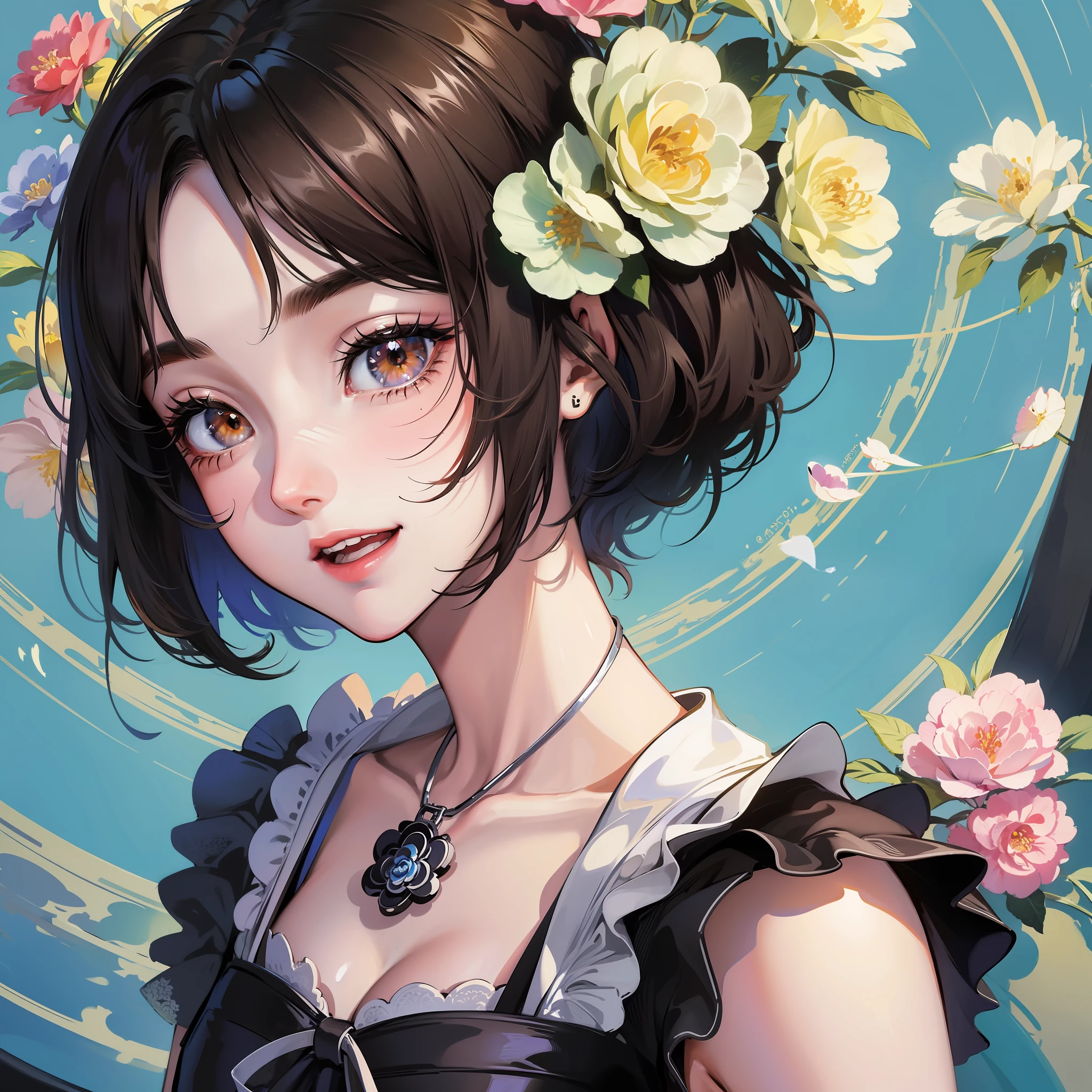 Ghibli-like colors, flower, backlighting, mixing, optical illusion, from above, masterpiece, high quality, 1080p, medium portrait of a girl, anime style, with black chanel hair with two blue locks sky in front, with a vintage dress, brown eyes, open mouth in a big smile, heavy makeup