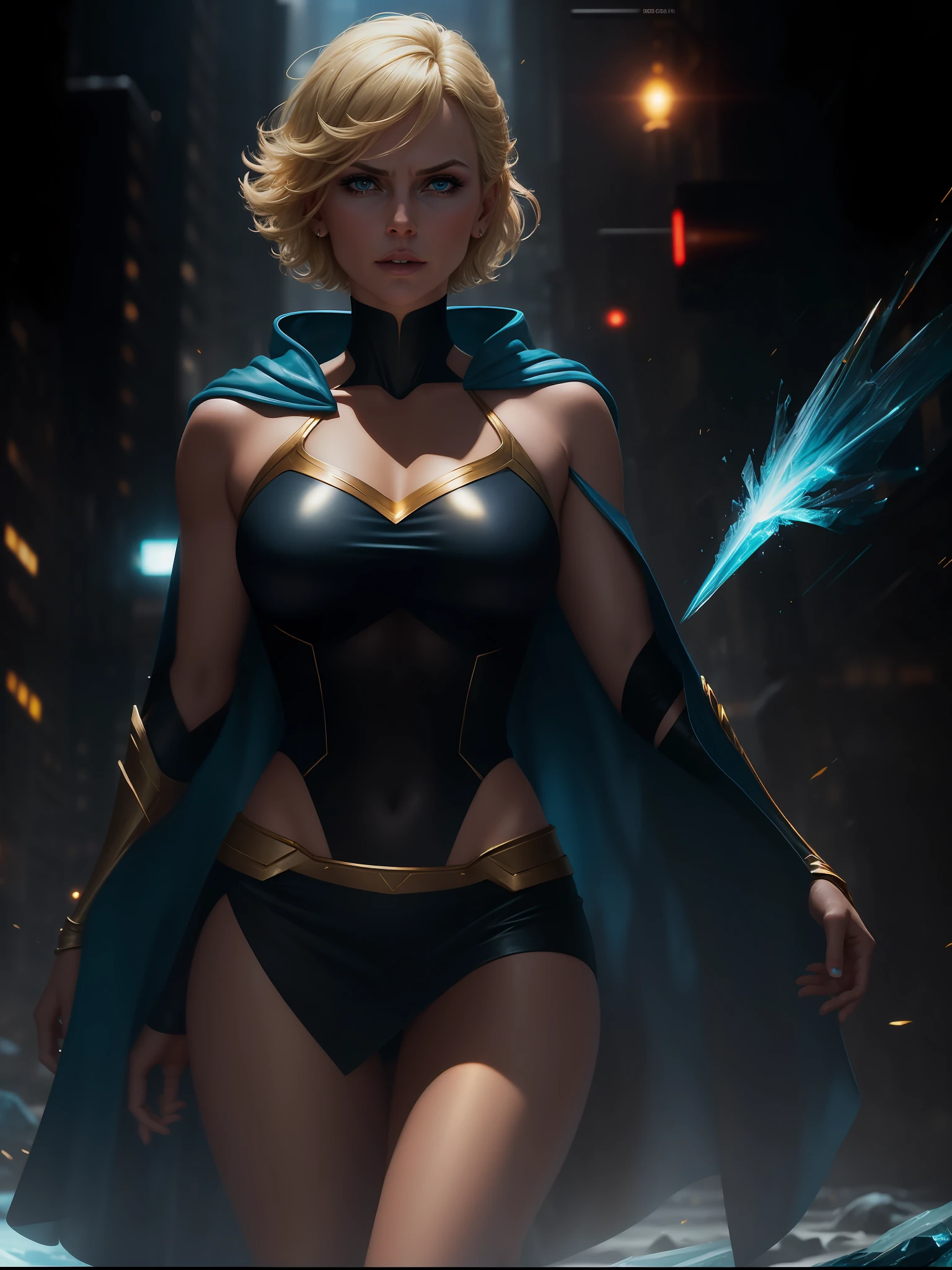 movie scene, dark, mid-length close-up [Charlize Theron], blonde hair, short hair, hair, bangs, movie scene, cold, ice, big ice crystals, cowboy shot, action, strong, beautiful, super girl DC comics, blue black swimsuit, gold, cyberpunk, skirt, red and gold cloak, energy, action, impactful