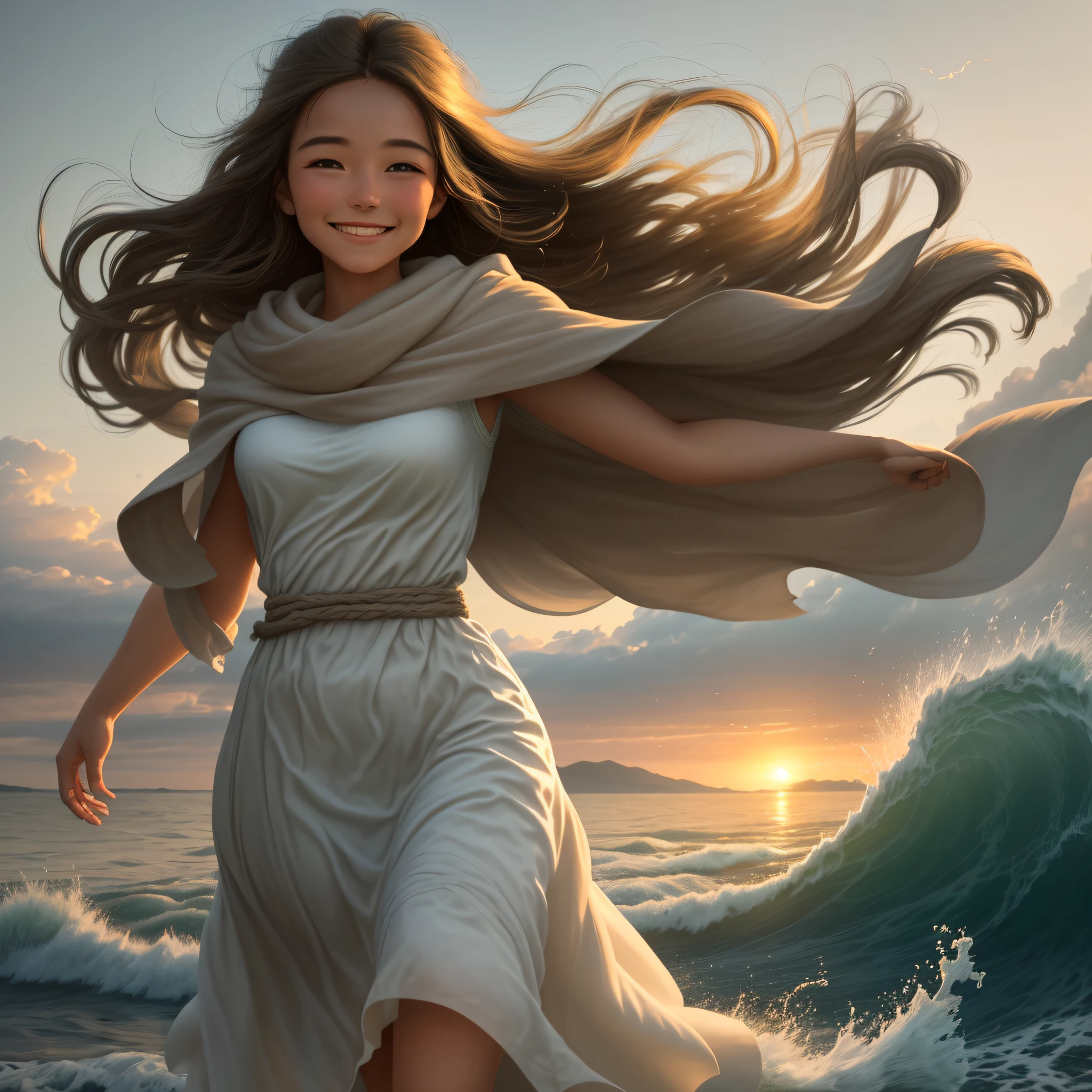 "Trust without doubt" - beautiful scene of a woman walking in an unwavering faith, with a confident smile on her face. Slow motion, warm and engaging atmosphere, golden tones suggestive of hope and optimism. Light and loose clothing, hair in the wind, a symbol of feminine power and perseverance in the face of adversity.