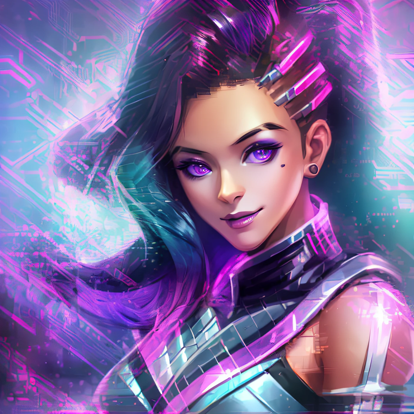 (extremely detailed, best quality)Sombra(, overwatch 2)、high saturation、(dynamic angle:dancing),(Petra):0.5、(purple light:1.2),(cyberpunk),flowing clothes, (green hair:1.2),ocean backdrop,depth of field,Volumetric light。