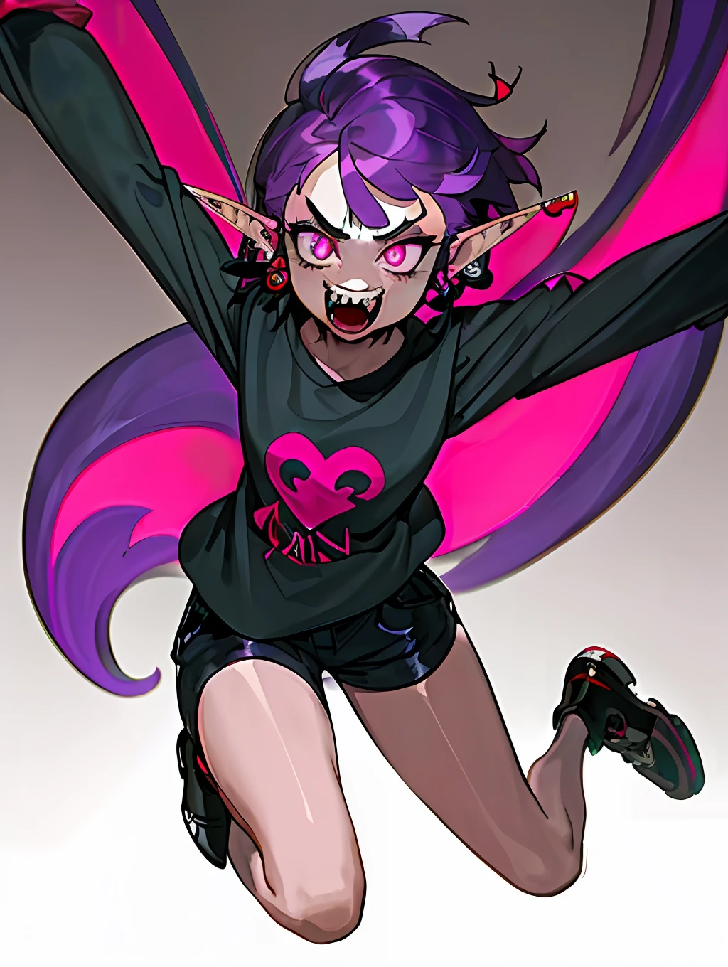 ((masterpiece,best quality)),1girl, loli, solo,elf ears, heart shaped earrings, heart shaped pupils, short hair, ((purple hair)), a pink streak on the bangs, ((a gap between the teeth)), Long black t shirt, long sleeves, 
shorts with chain, full body,((fangs))