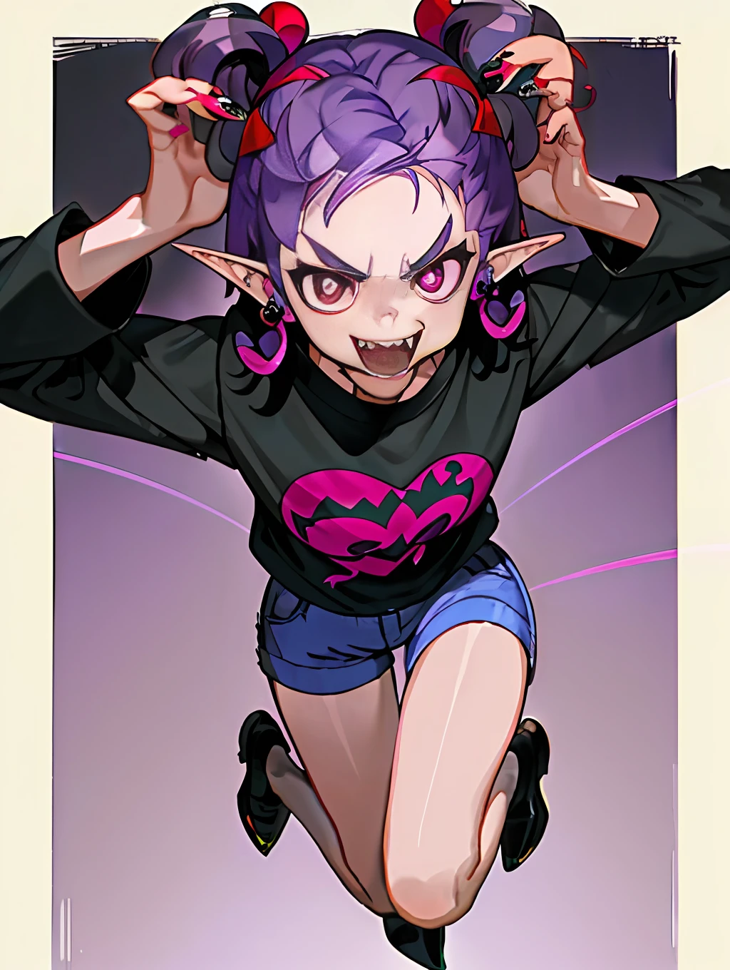 ((masterpiece,best quality)),1girl, loli, solo,elf ears, heart shaped earrings, heart shaped pupils, short hair, ((purple hair)), a pink streak on the bangs, ((a gap between the teeth)), Long black t shirt, long sleeves,
shorts with chain, full body,((fangs))