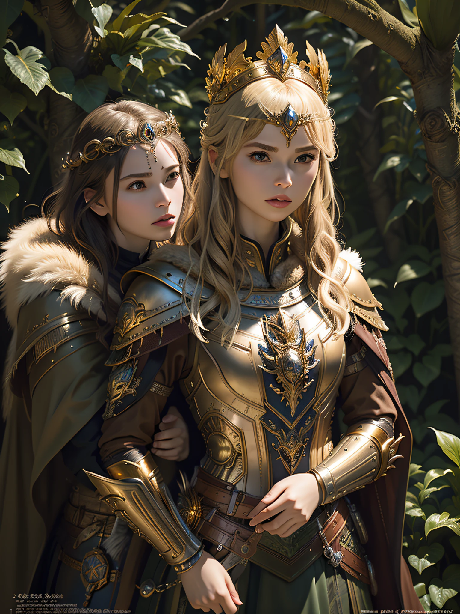 (Masterpiece, Top Quality, Top Quality, Official Art, Beautiful and Aesthetic: 1.2), (1 Girl), (Warrior Queen Golden Armor, Fur-Lined Cape, Bejeweled Crown: 1.2), Serious, Blonde, Colossal, Ultimate Jewel, 100 Pieces, Gorgeous, Photo