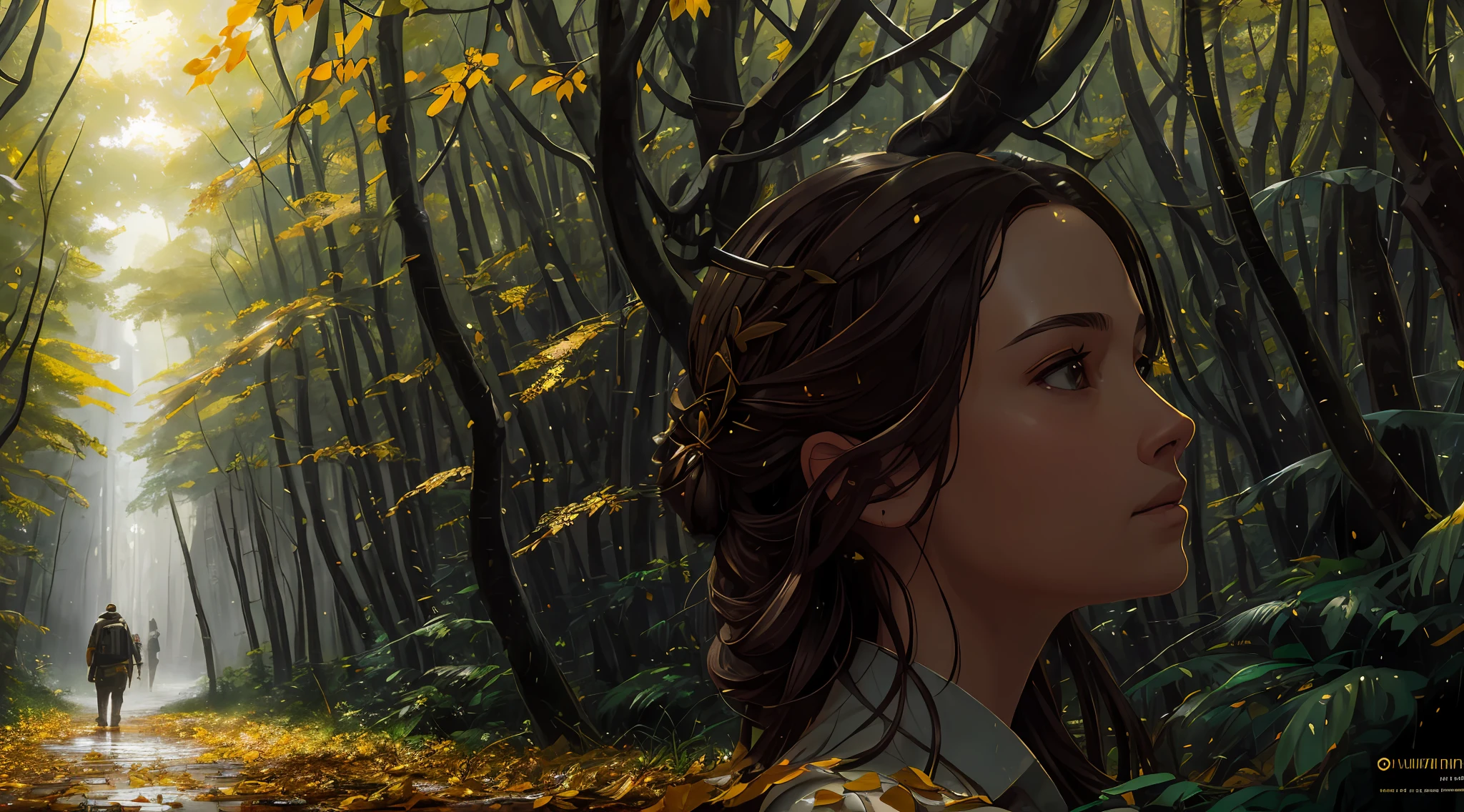 masterpiece, best quality, Alley of yellow leaves, sun, one person walks in our direction along a narrow path, dense forest, puddles, slush, wet green grass, bottom view, drawing ((well-detailed forest)), (extremely detailed 8k CG wallpaper), professional majestic oil painting by Ed Blinky, Ateya Gailan, Studio Ghibli, Jeremy Mann, Greg Manchess, Antonio Moro, trend in ArtStation, trends in CGSociety, Intricate, High Detail, Sharp Focus, dramatic and photorealistic painting by Midjourney and Greg Rutkowski --auto --s2