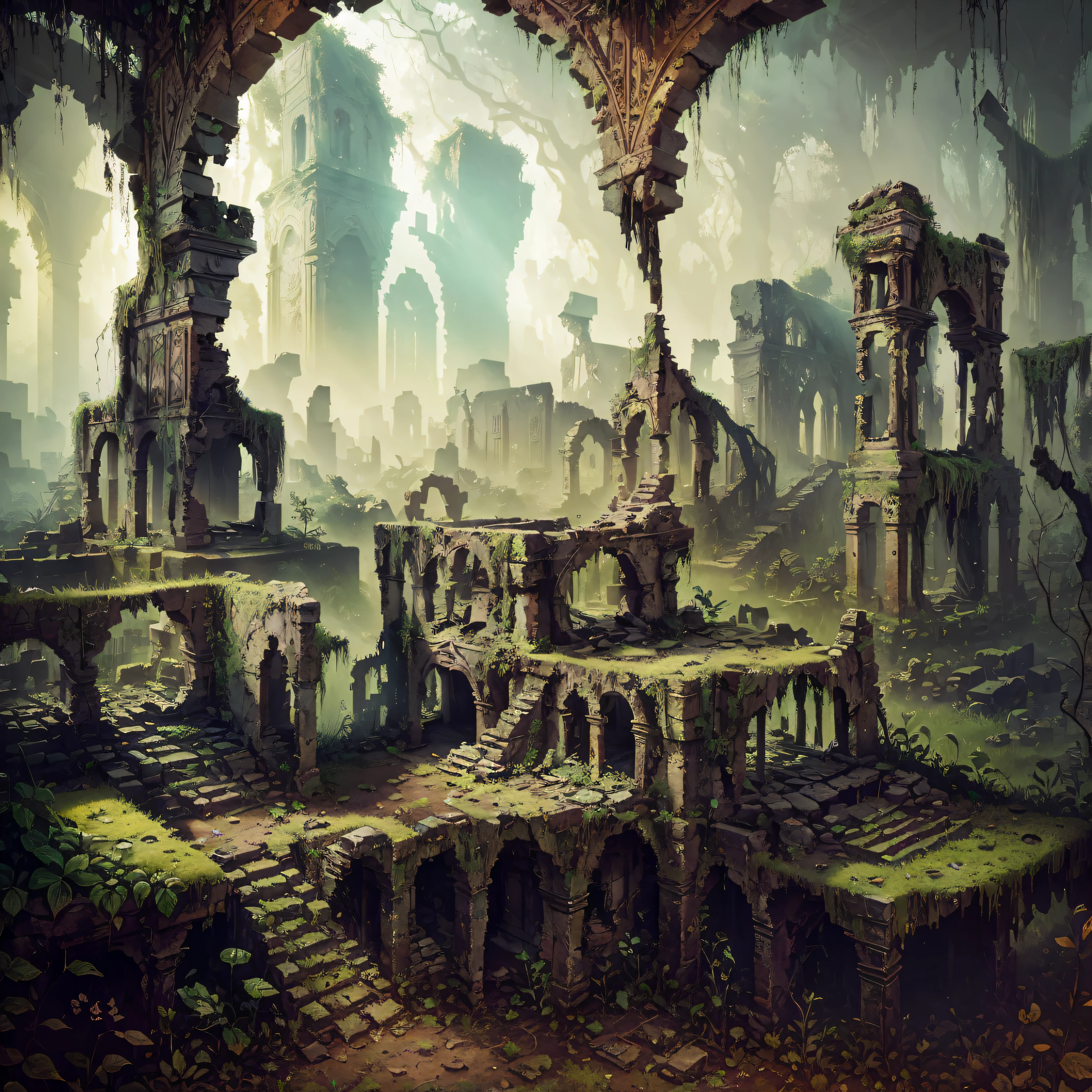 "Whispering Ruins": Crumbling ruins of a forgotten civilization, covered in ivy and secrets, where whispers from the past echo through time, Surrealism, color field printing, high detail, UHD, 8k, anatomically correct, cinematic lighting 4d quality --auto --s2