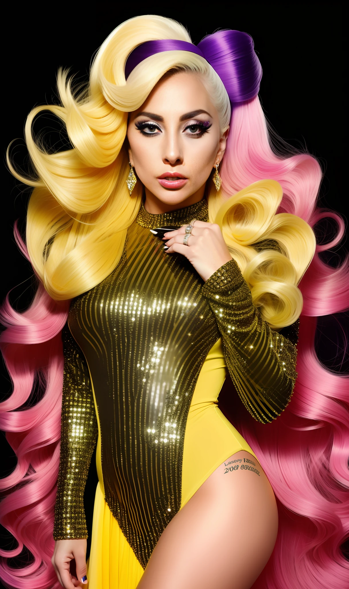 Photo of lady gaga with futuristic yellow,violet and black dress full of diamonds, 4K texture, long hair, high quality, extravagant hairstyle, original album cover, colorful dress with diamonds, 8k image, futuristic, high image quality, at night, hair accessories, 8k image, realistic face in high quality, full body, different body poses